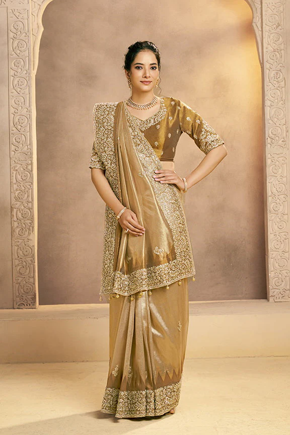 Light Golden Embellished Zari Kora Silk Saree - Image 6