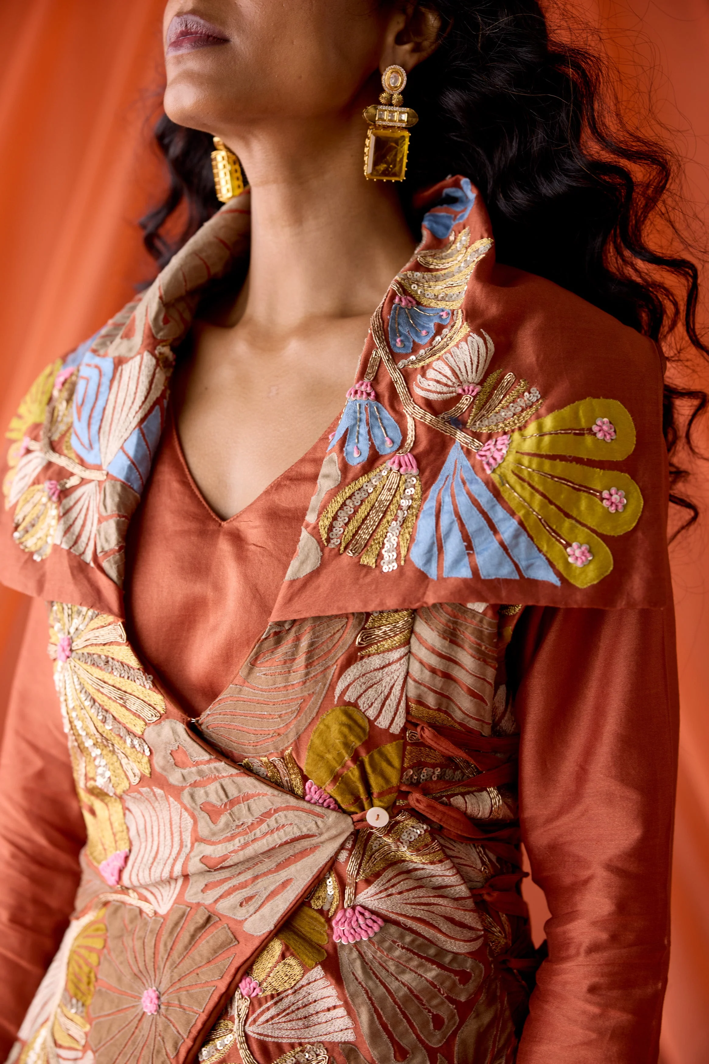 Rust Orange Embellished Raw Silk Tunic Set - Image 2