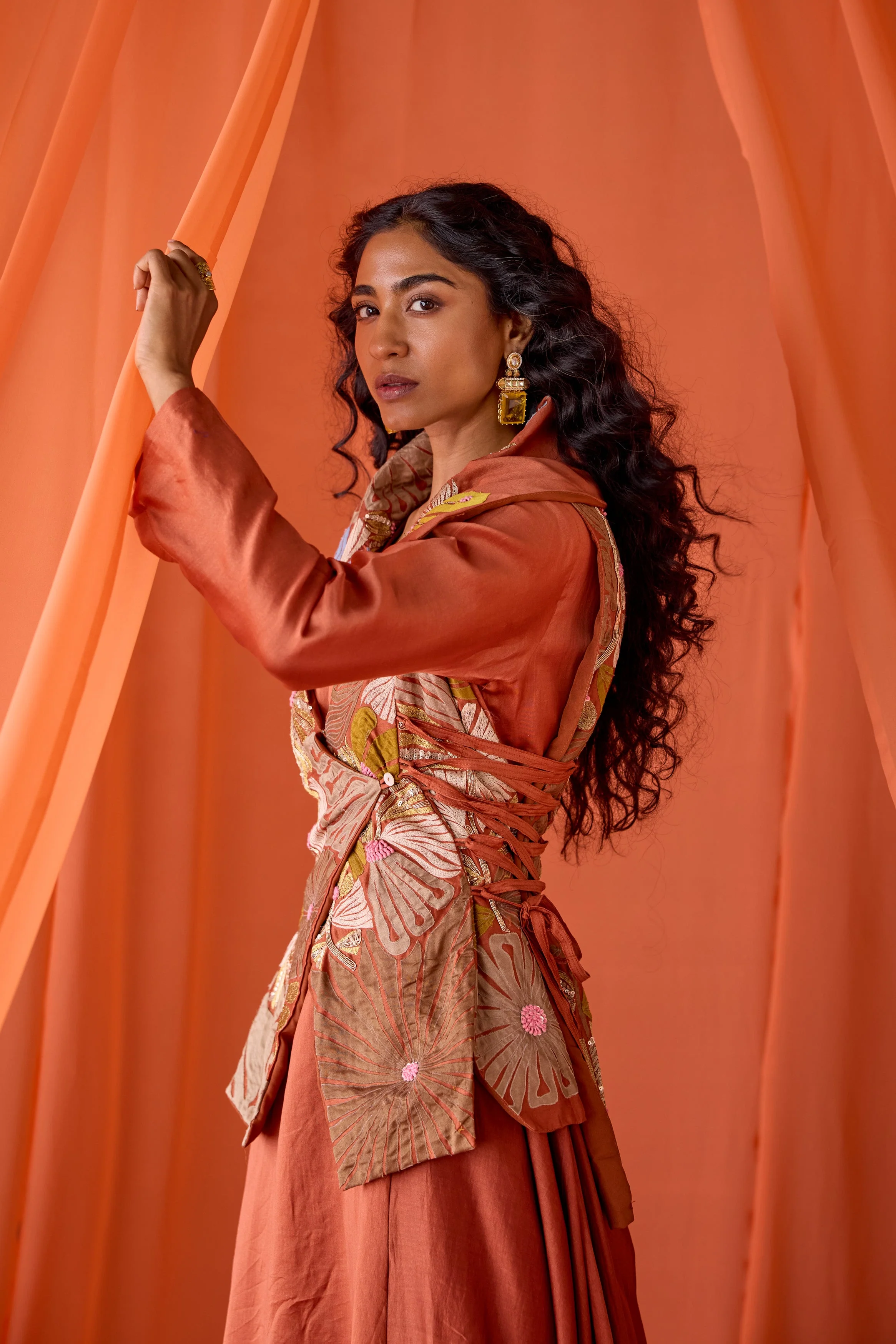 Rust Orange Embellished Raw Silk Tunic Set - Image 3