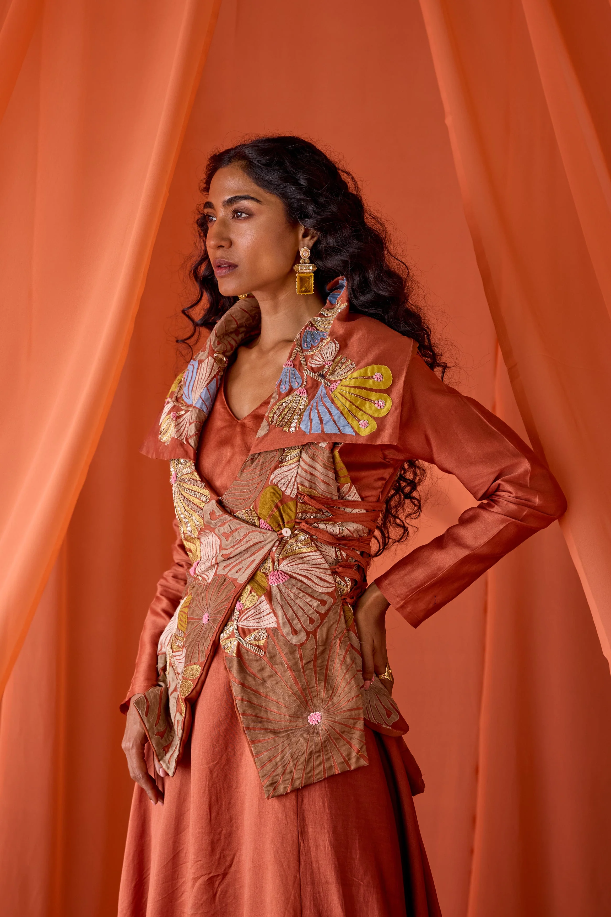 Rust Orange Embellished Raw Silk Tunic Set - Image 4