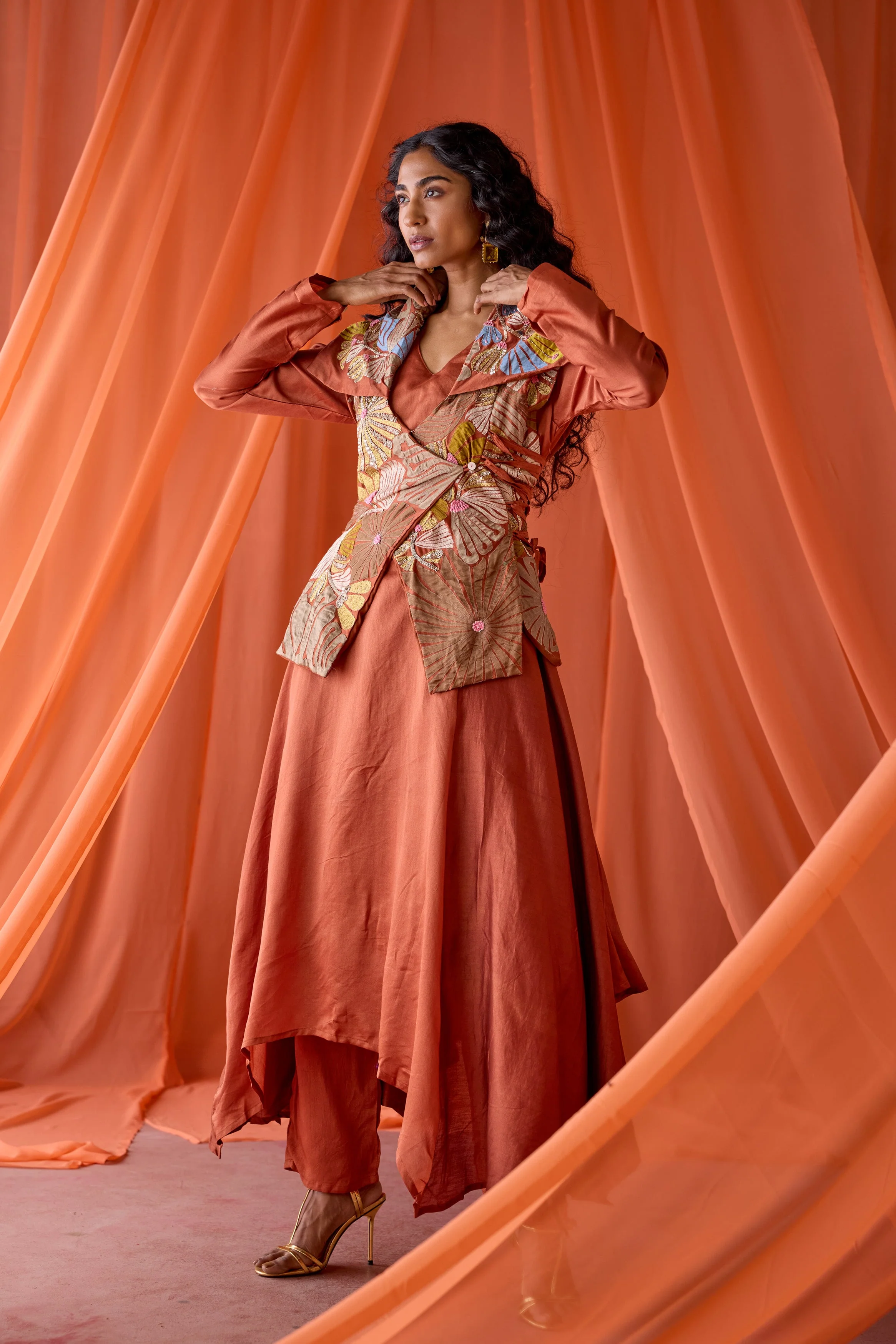 Rust Orange Embellished Raw Silk Tunic Set - Image 5
