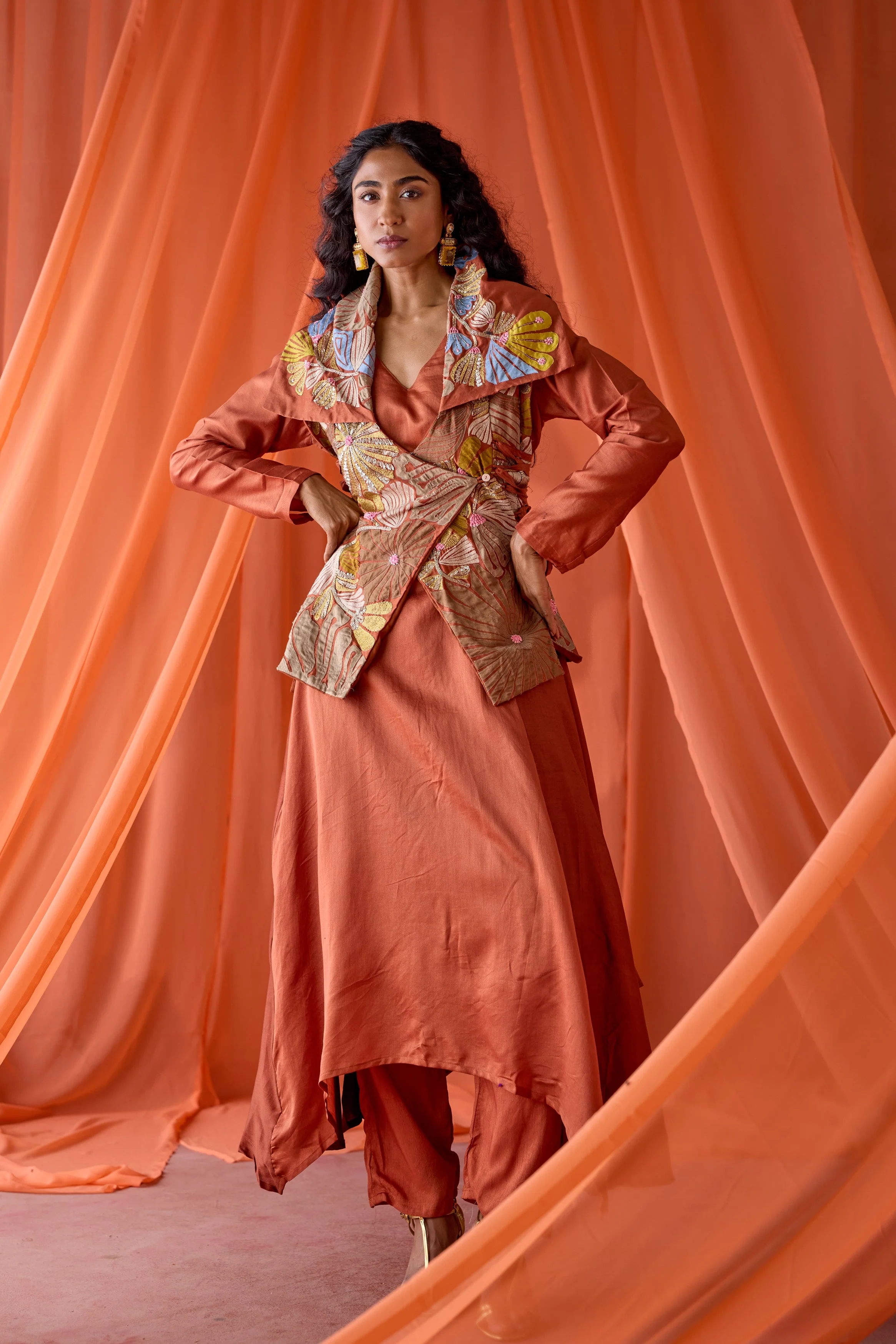 Rust Orange Embellished Raw Silk Tunic Set - Image 6
