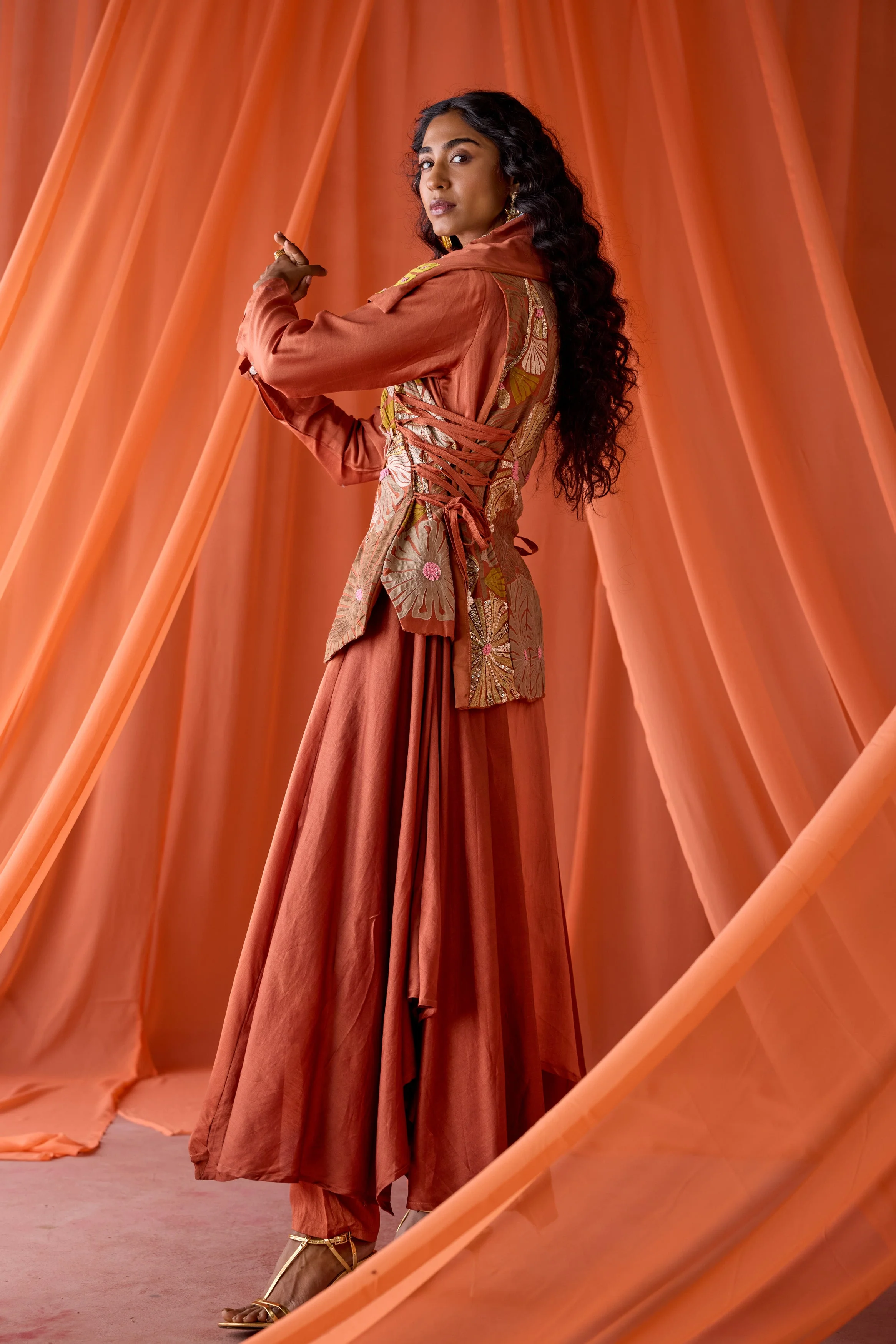 Rust Orange Embellished Raw Silk Tunic Set - Image 7