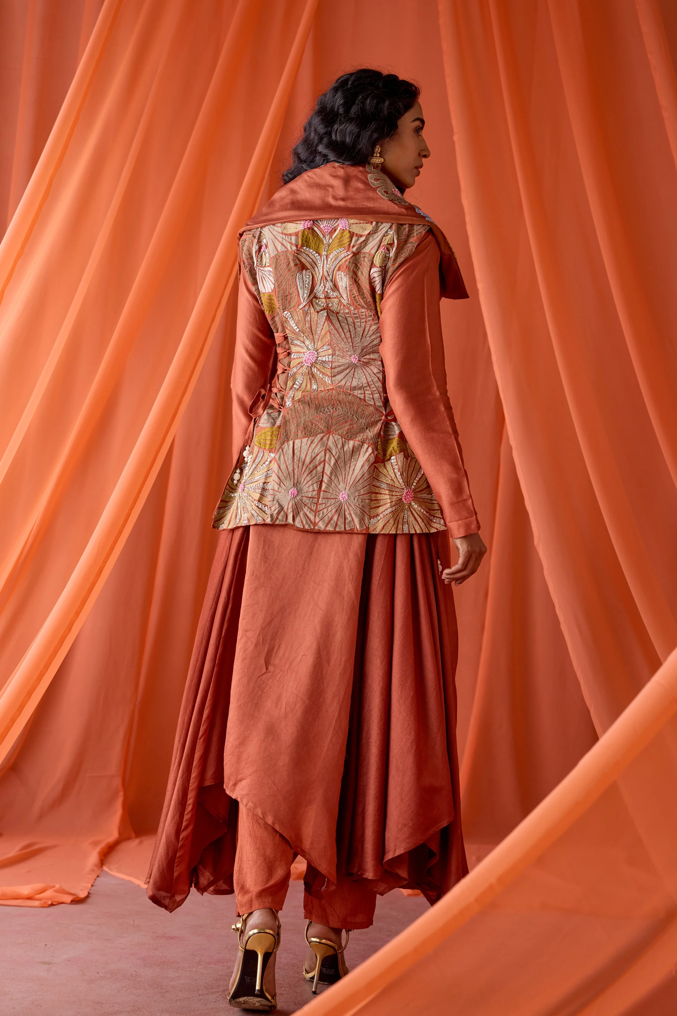 Rust Orange Embellished Raw Silk Tunic Set - Image 8