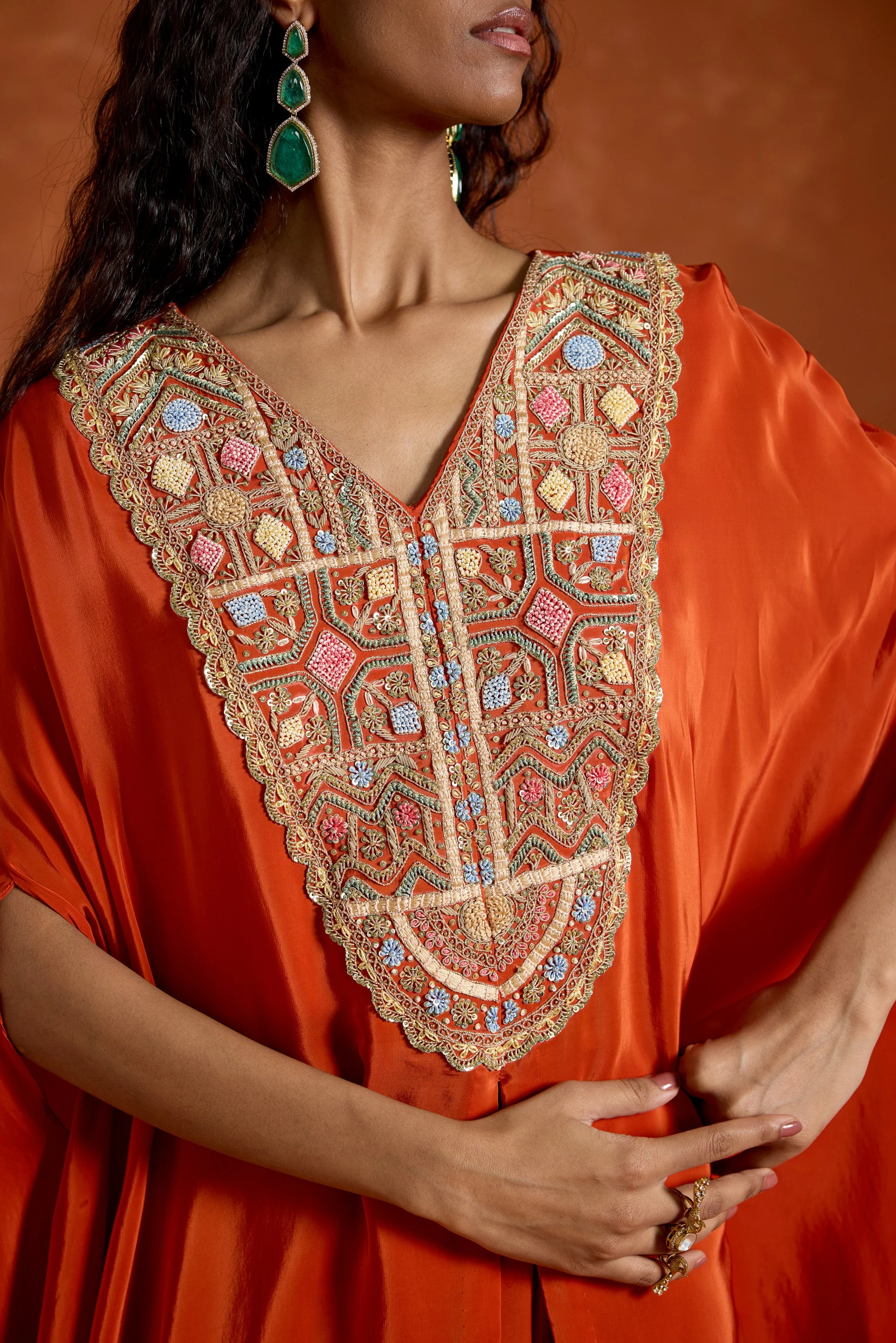 Rust Orange Embellished Satin Silk Kaftan Set - Image 2