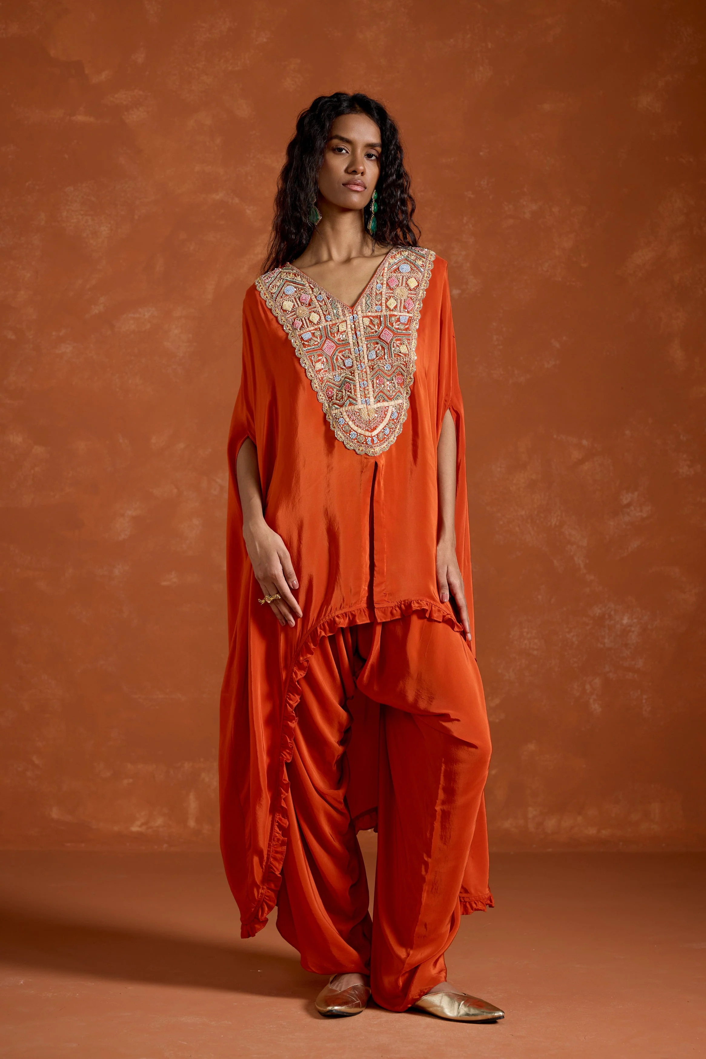 Rust Orange Embellished Satin Silk Kaftan Set - Image 3