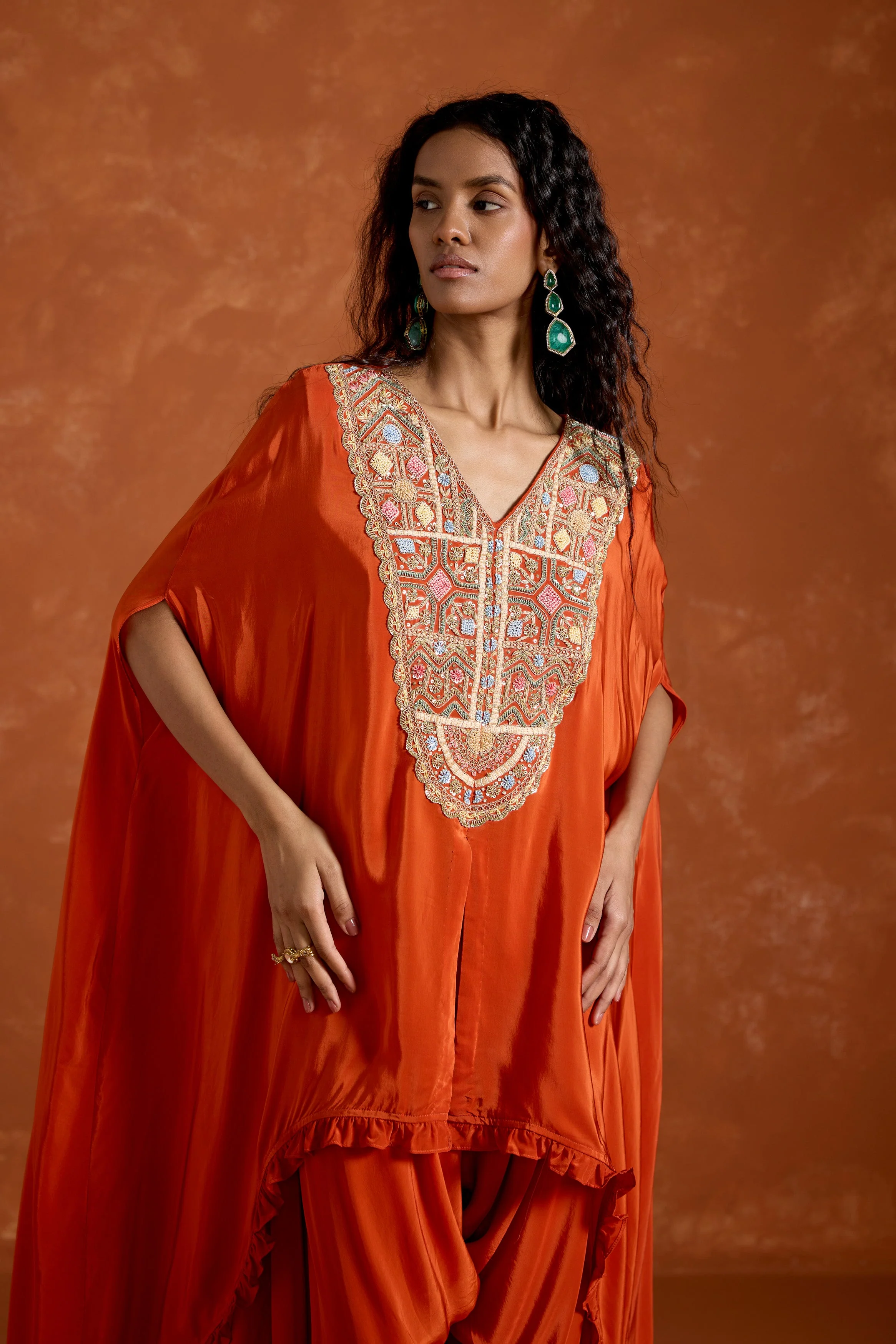 Rust Orange Embellished Satin Silk Kaftan Set - Image 4