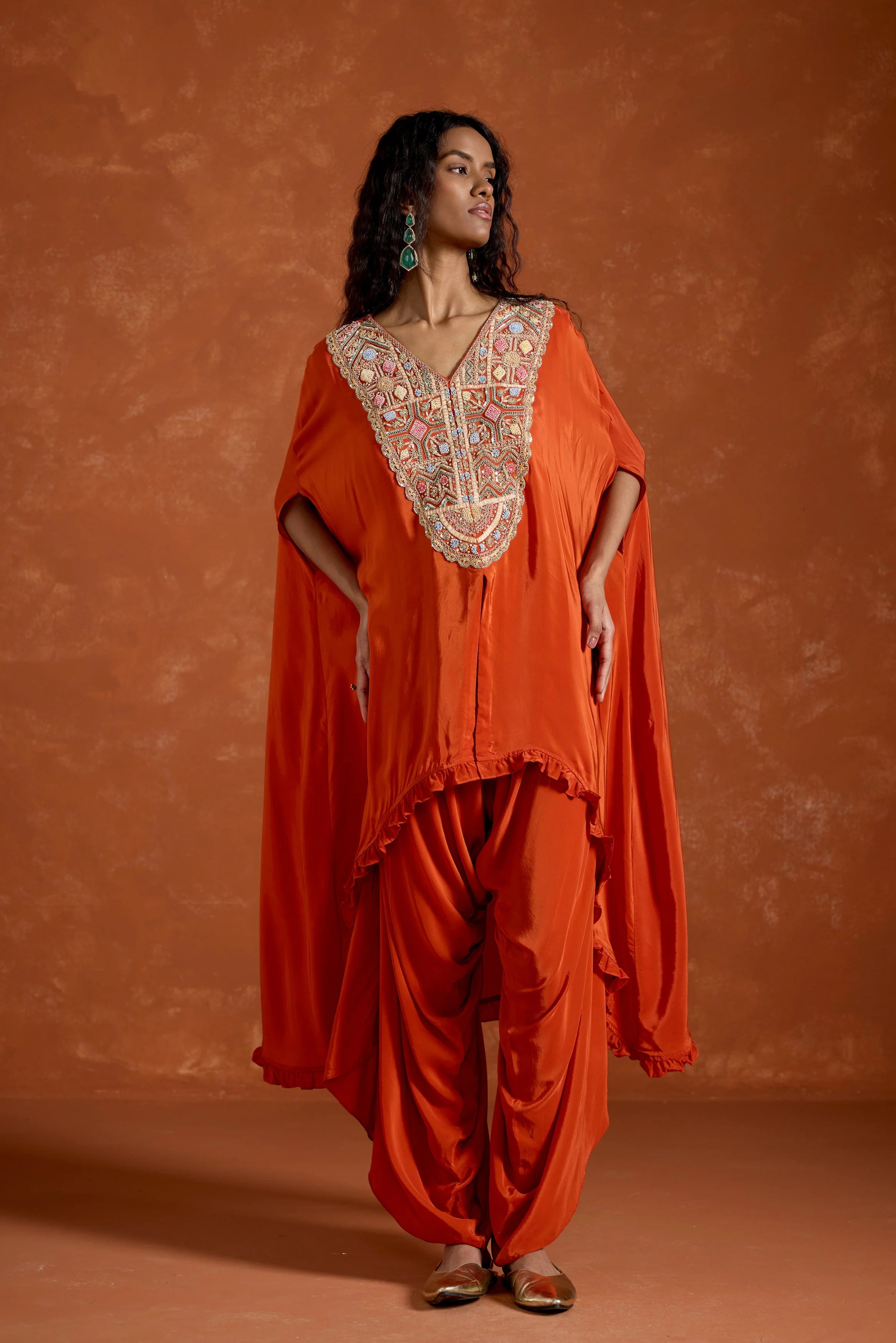 Rust Orange Embellished Satin Silk Kaftan Set - Image 5