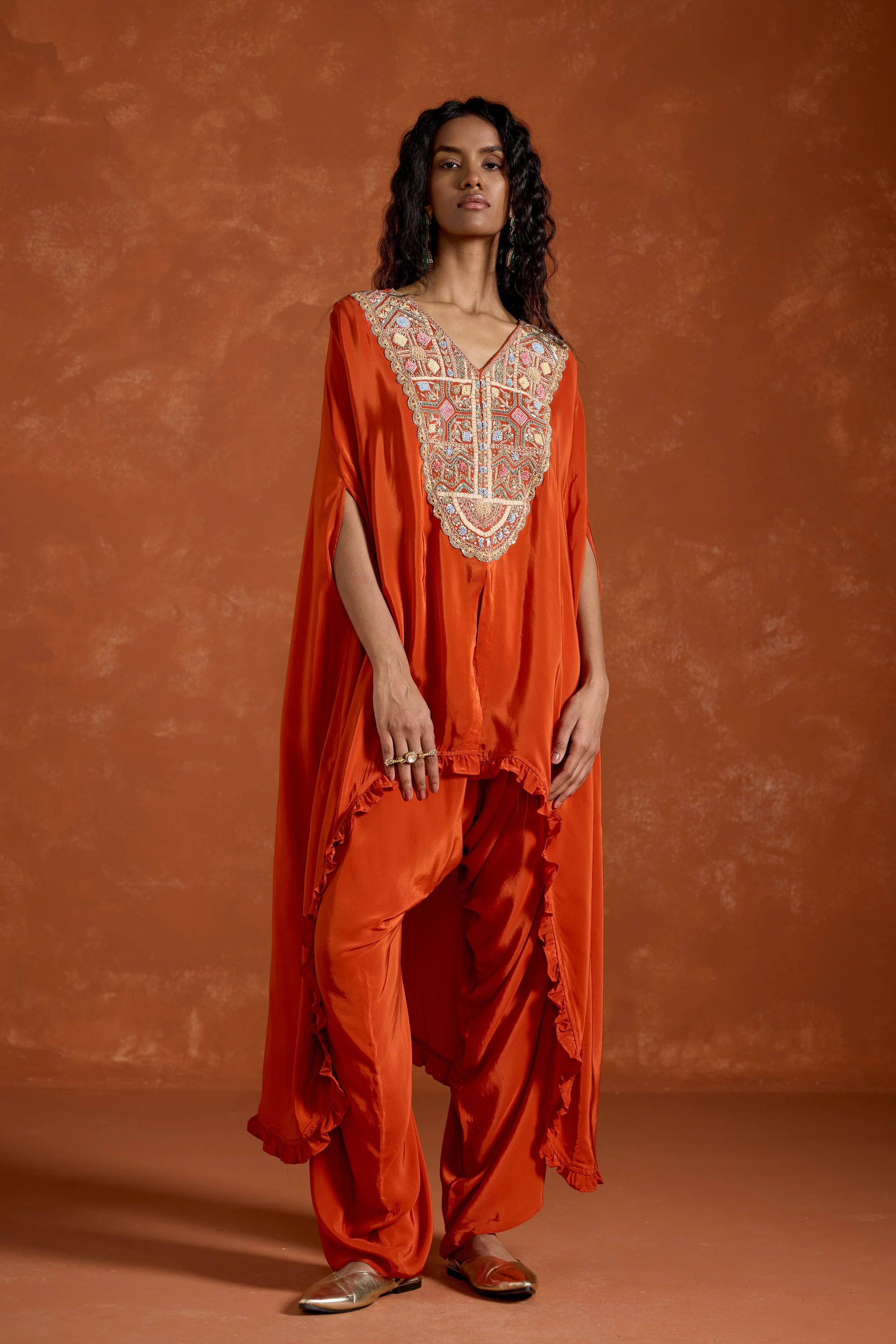 Rust Orange Embellished Satin Silk Kaftan Set - Image 6
