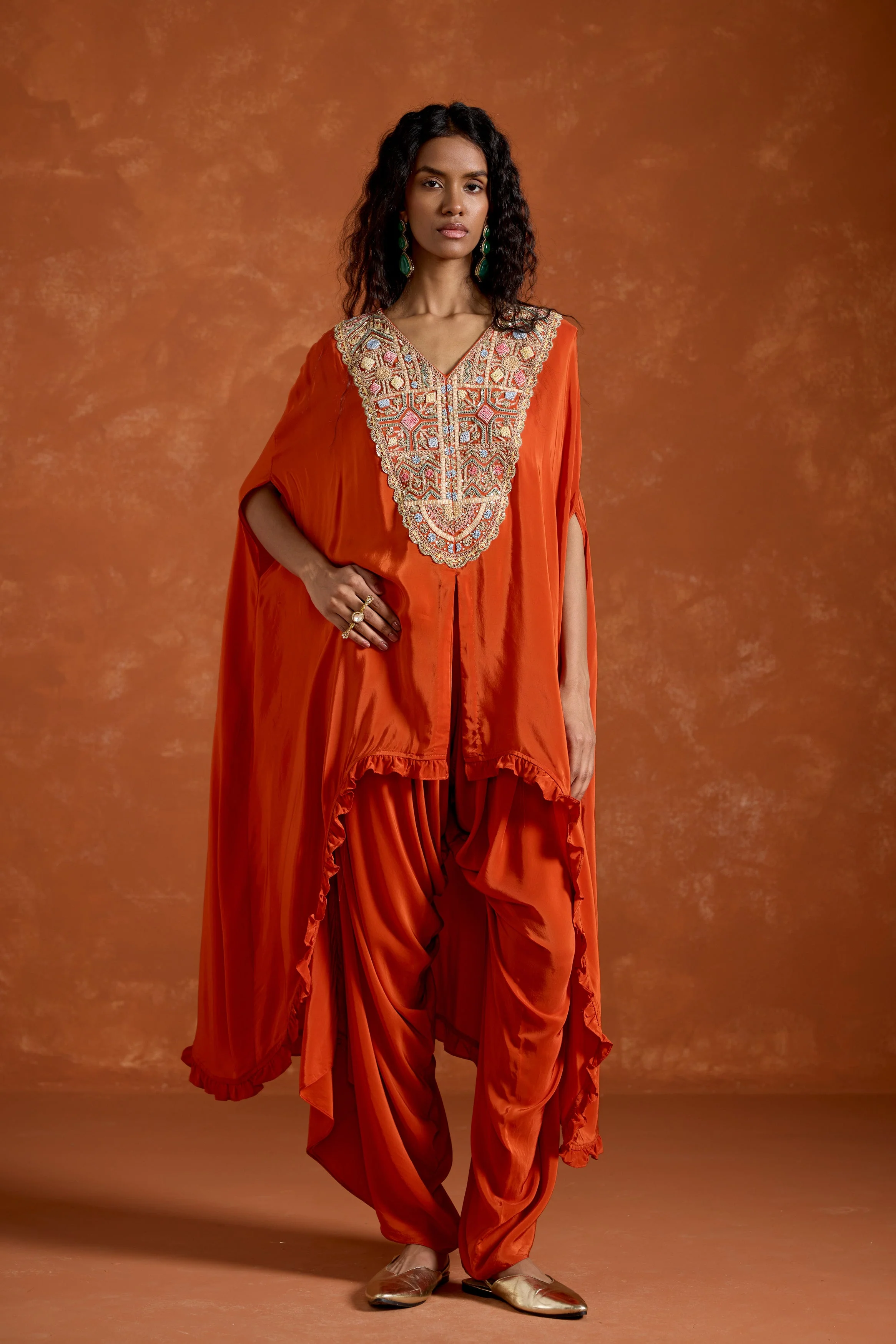 Rust Orange Embellished Satin Silk Kaftan Set - Image 7