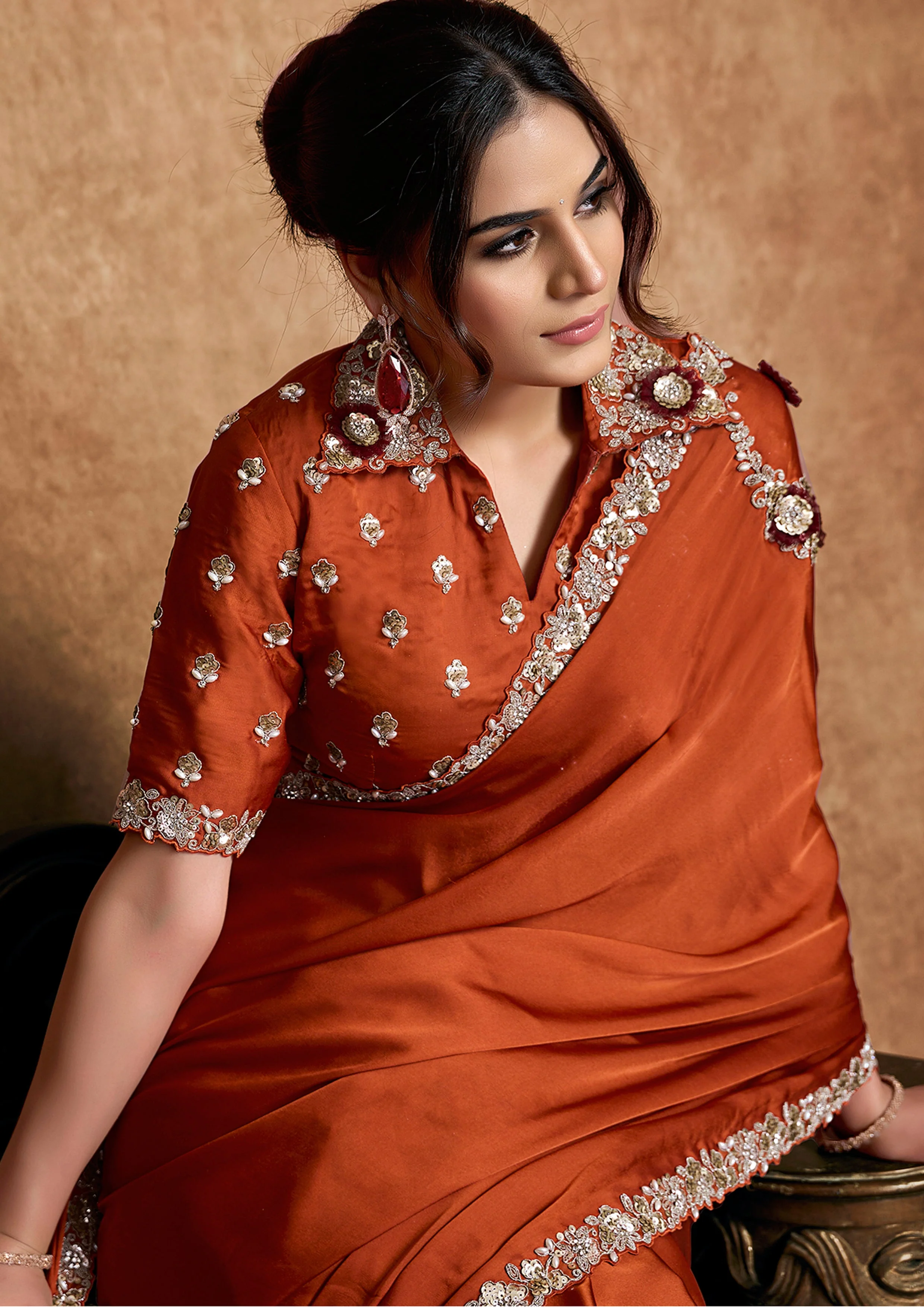 Rust Orange Embellished Satin Silk Saree - Image 2