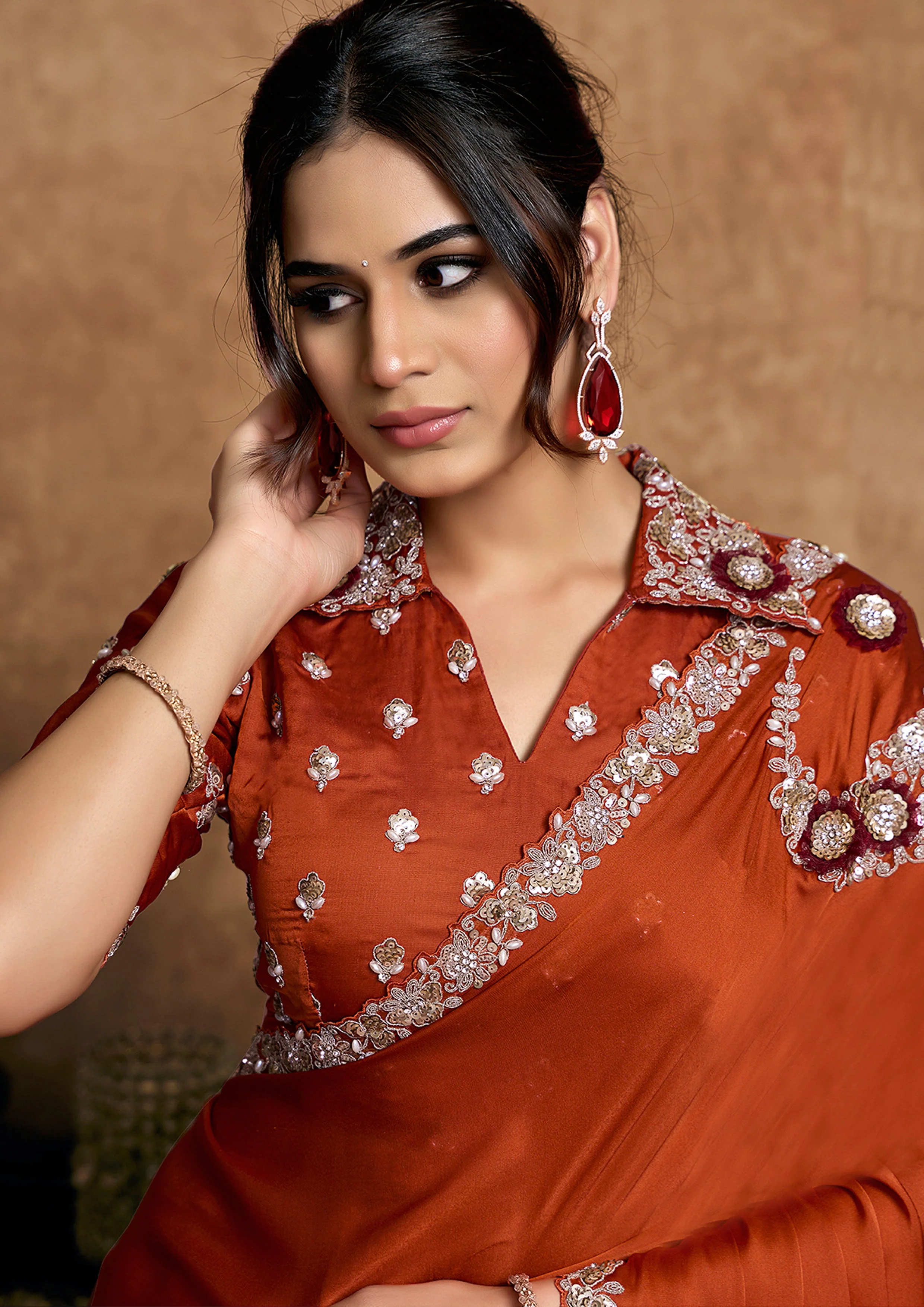 Rust Orange Embellished Satin Silk Saree - Image 3