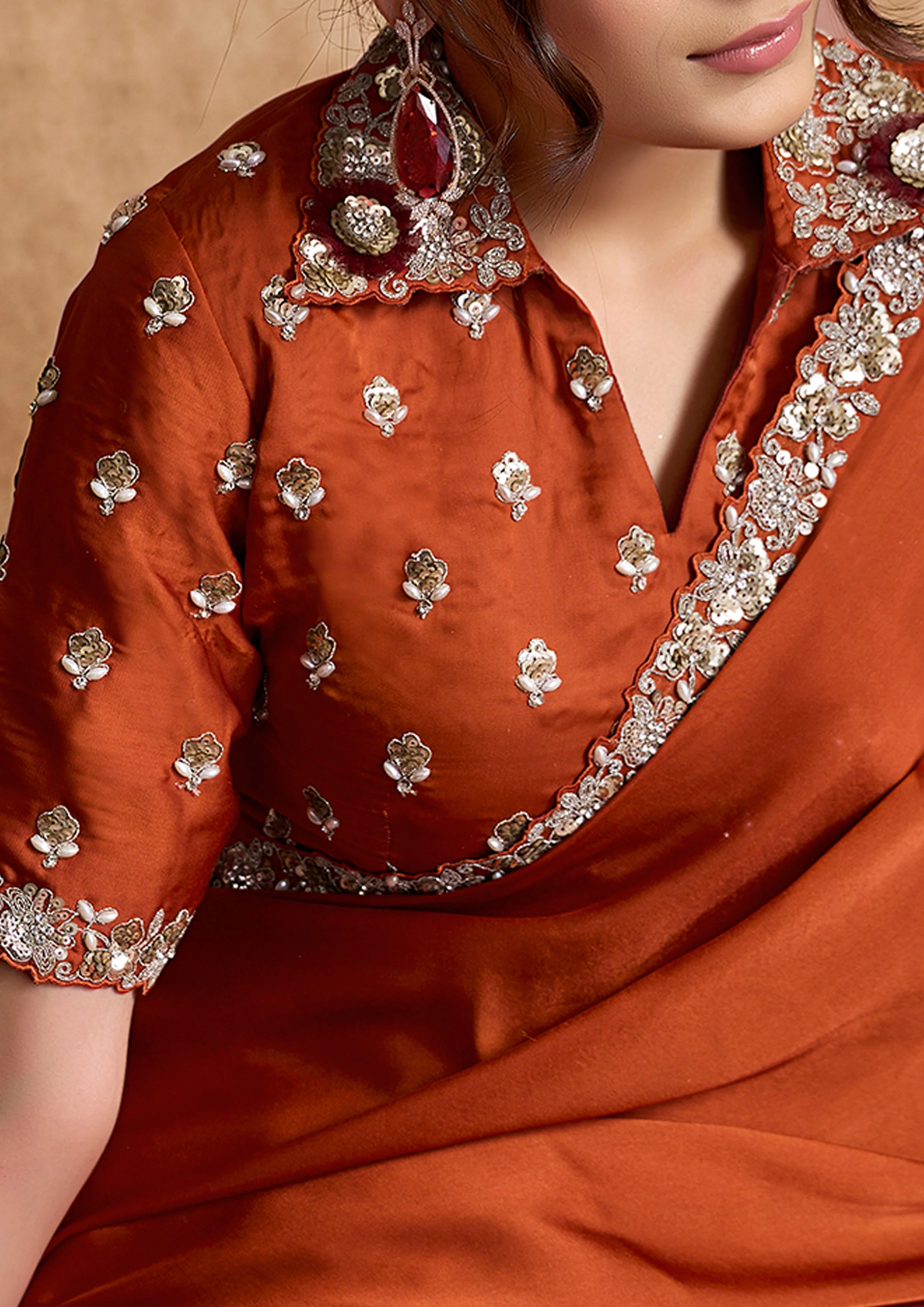 Rust Orange Embellished Satin Silk Saree - Image 4