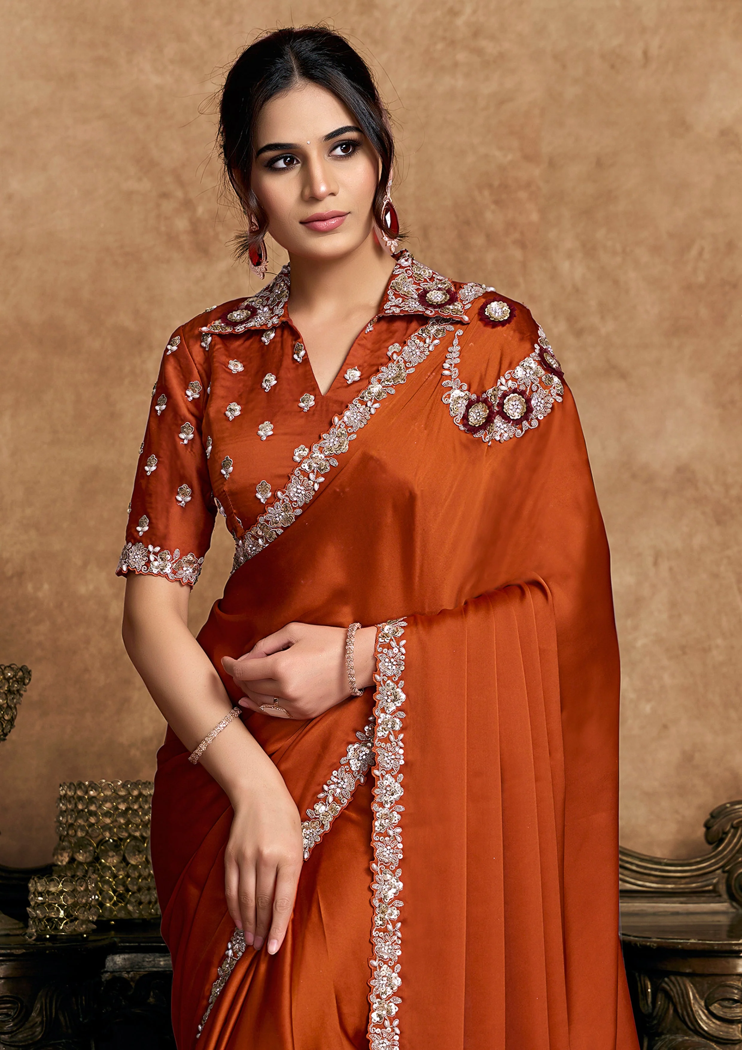 Rust Orange Embellished Satin Silk Saree - Image 5
