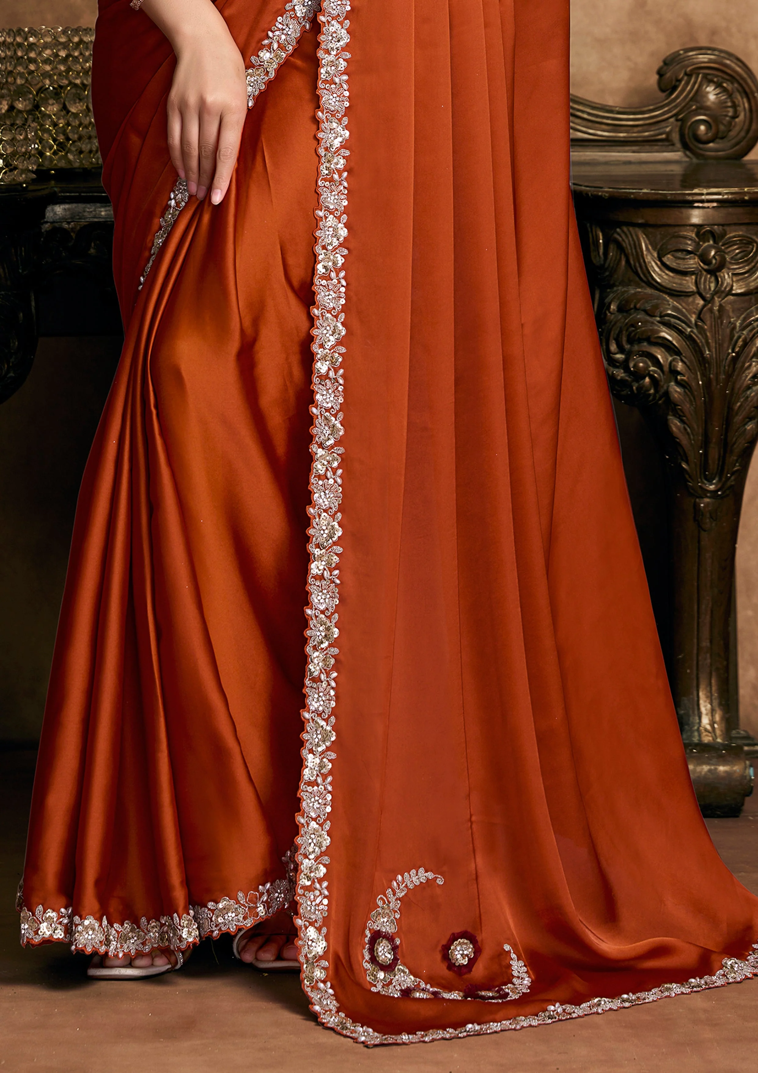 Rust Orange Embellished Satin Silk Saree - Image 6