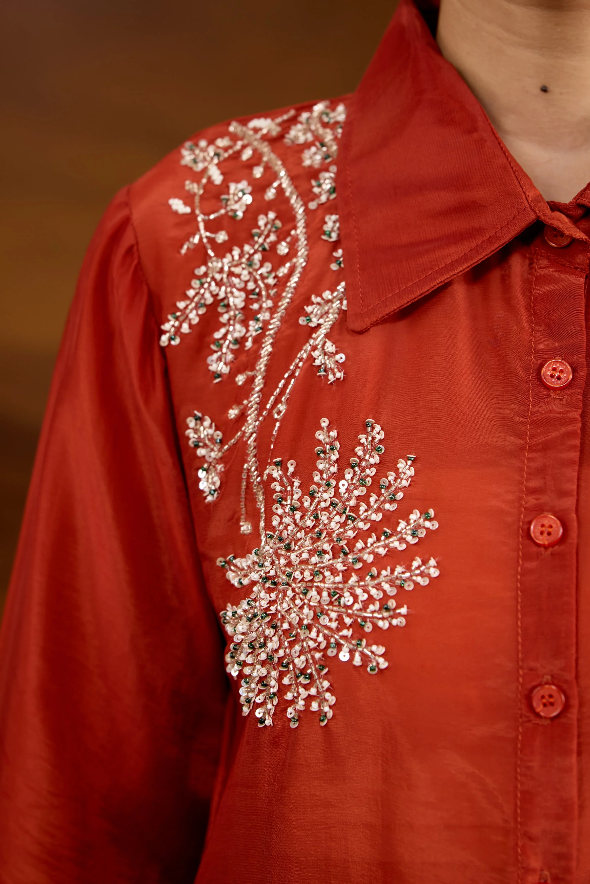 Rust Orange Embellished Satin Silk Skirt Set - Image 2