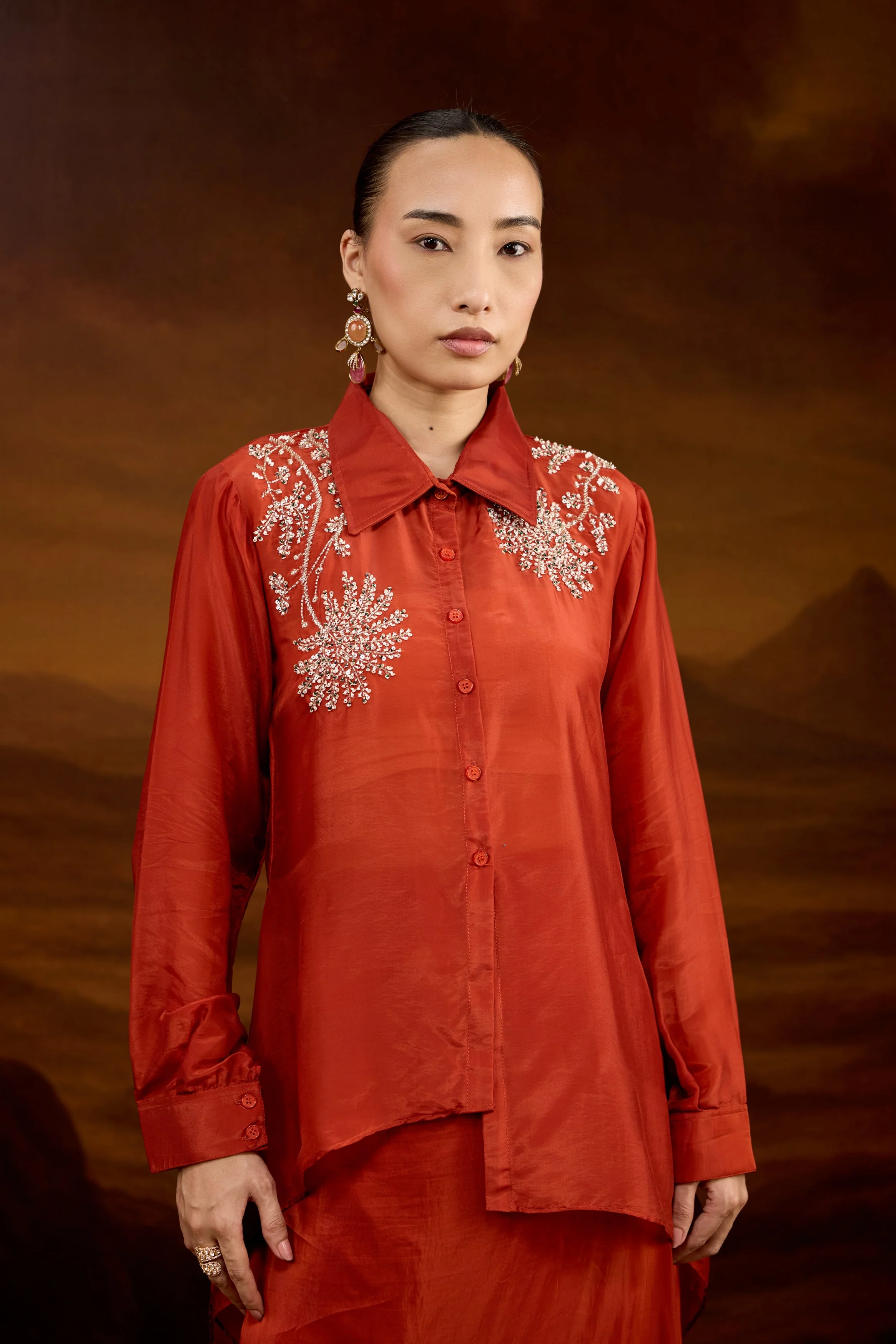 Rust Orange Embellished Satin Silk Skirt Set - Image 3
