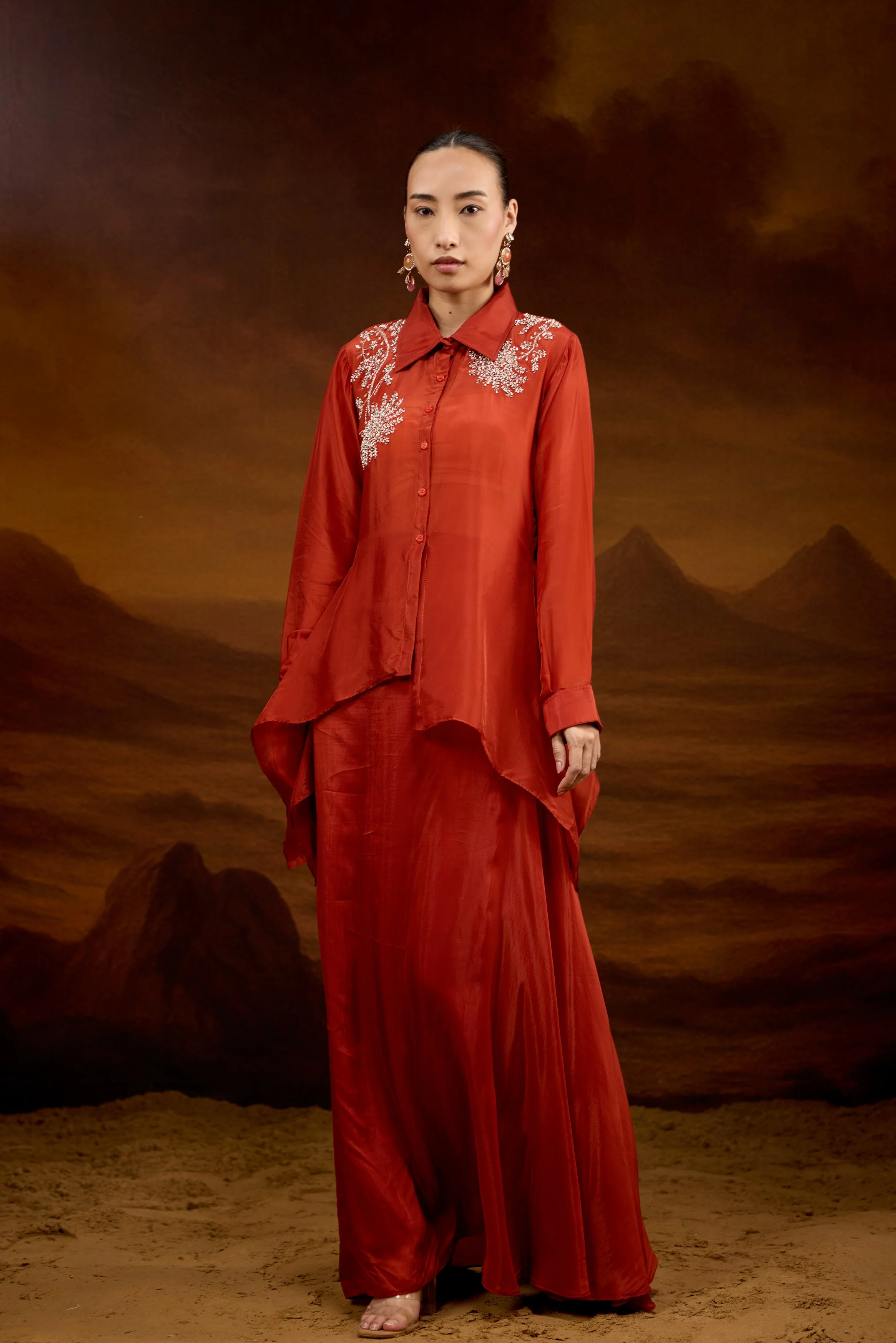 Rust Orange Embellished Satin Silk Skirt Set - Image 4