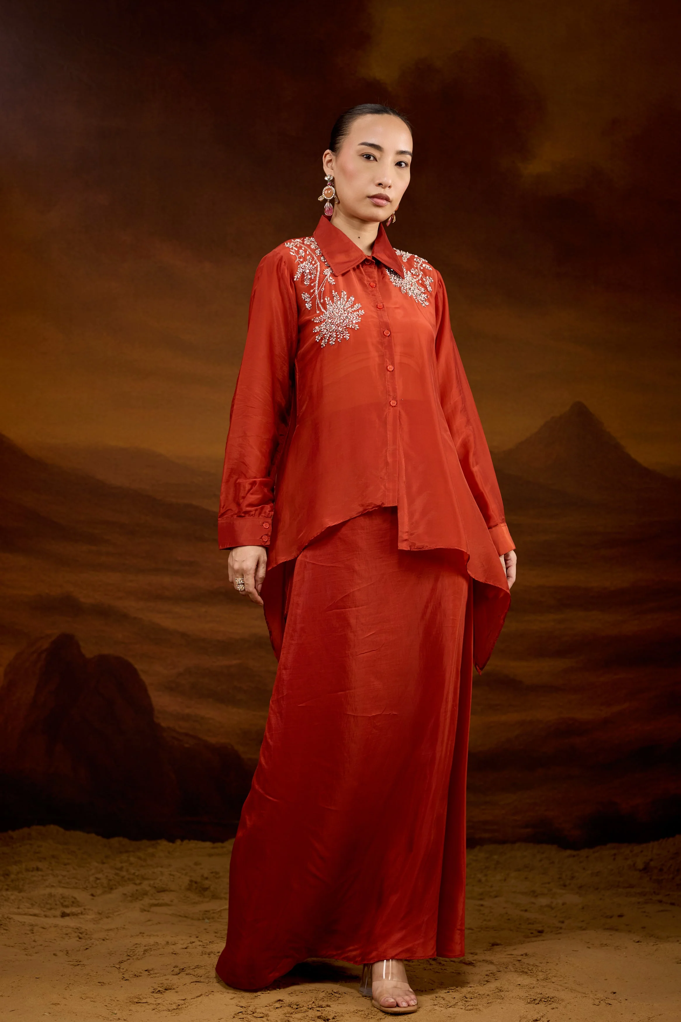 Rust Orange Embellished Satin Silk Skirt Set - Image 5