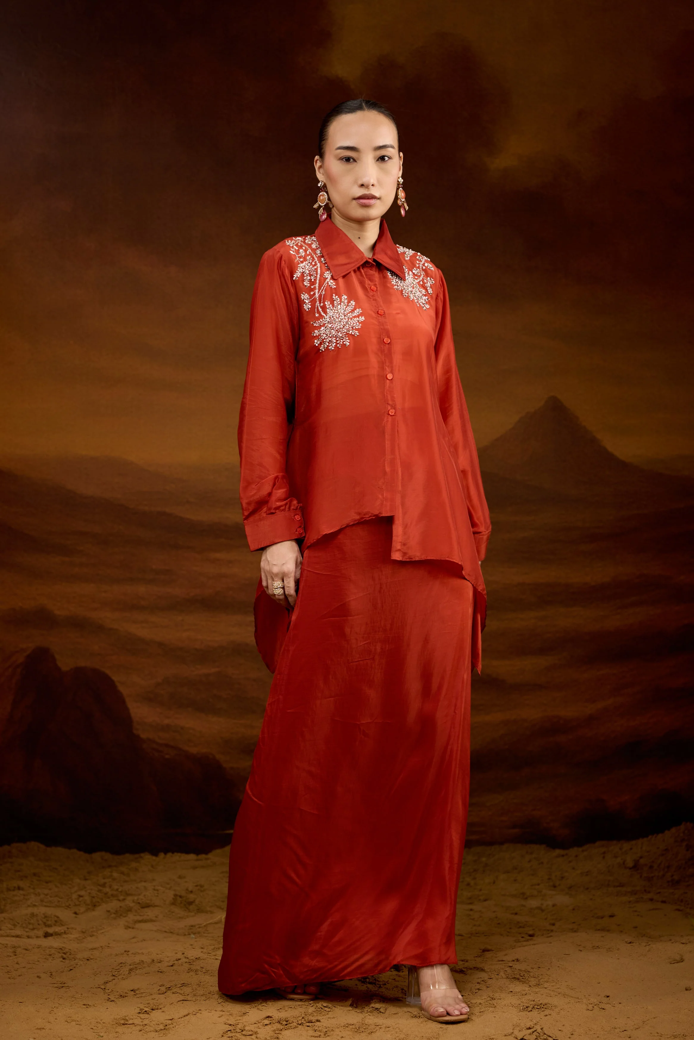 Rust Orange Embellished Satin Silk Skirt Set - Image 6