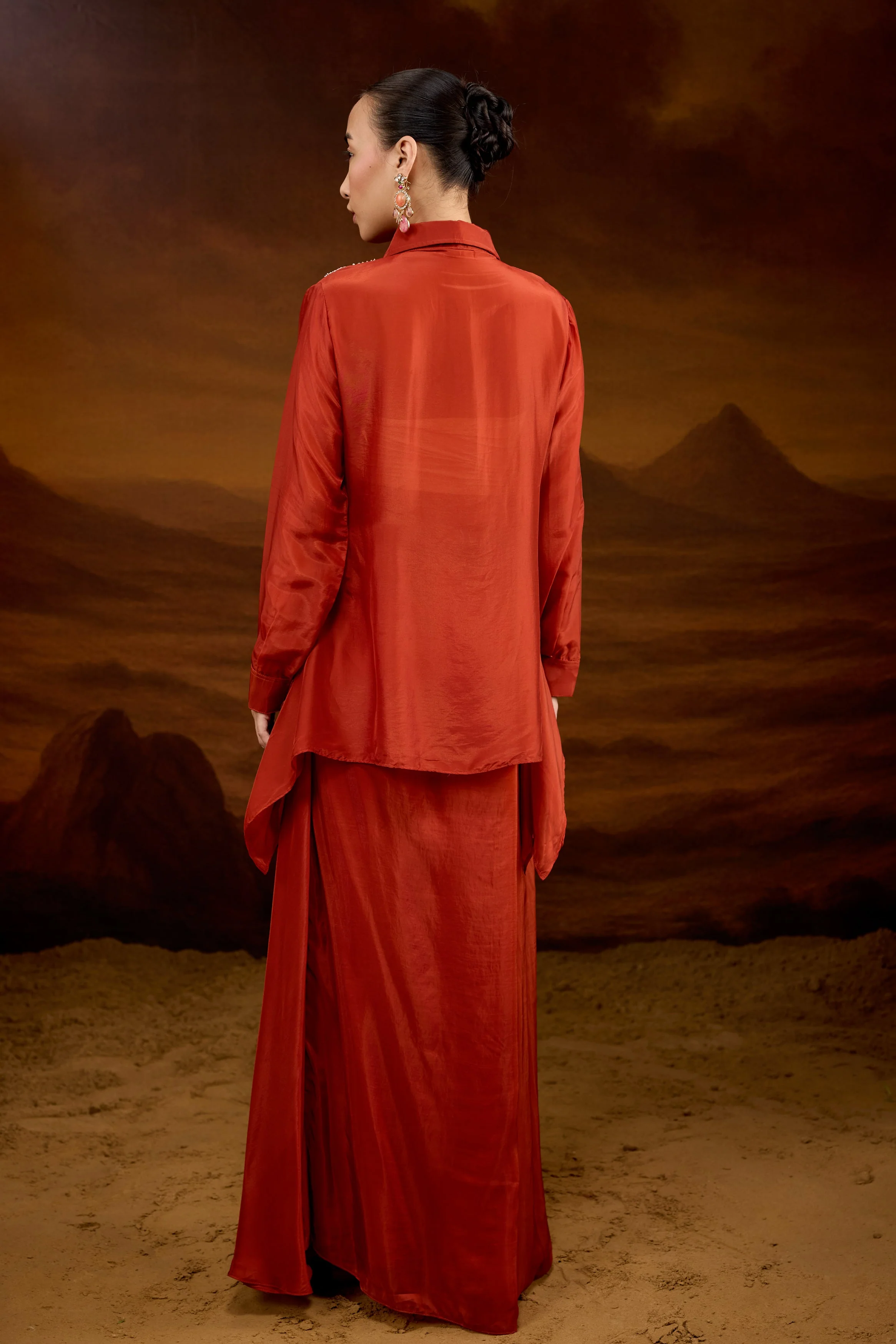 Rust Orange Embellished Satin Silk Skirt Set - Image 7