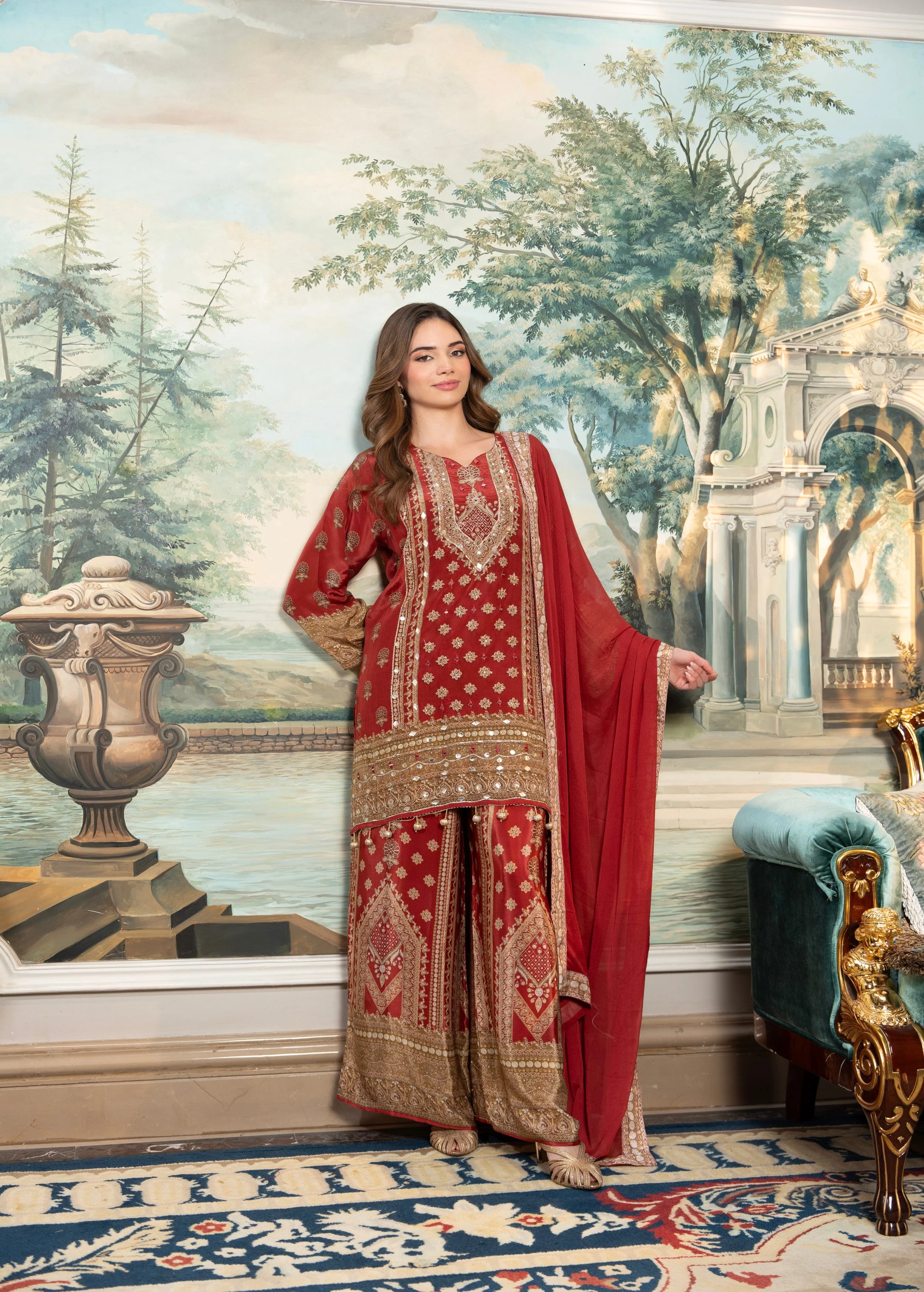 Terracotta Embellished Crepe Silk Palazzo Set - Image 2