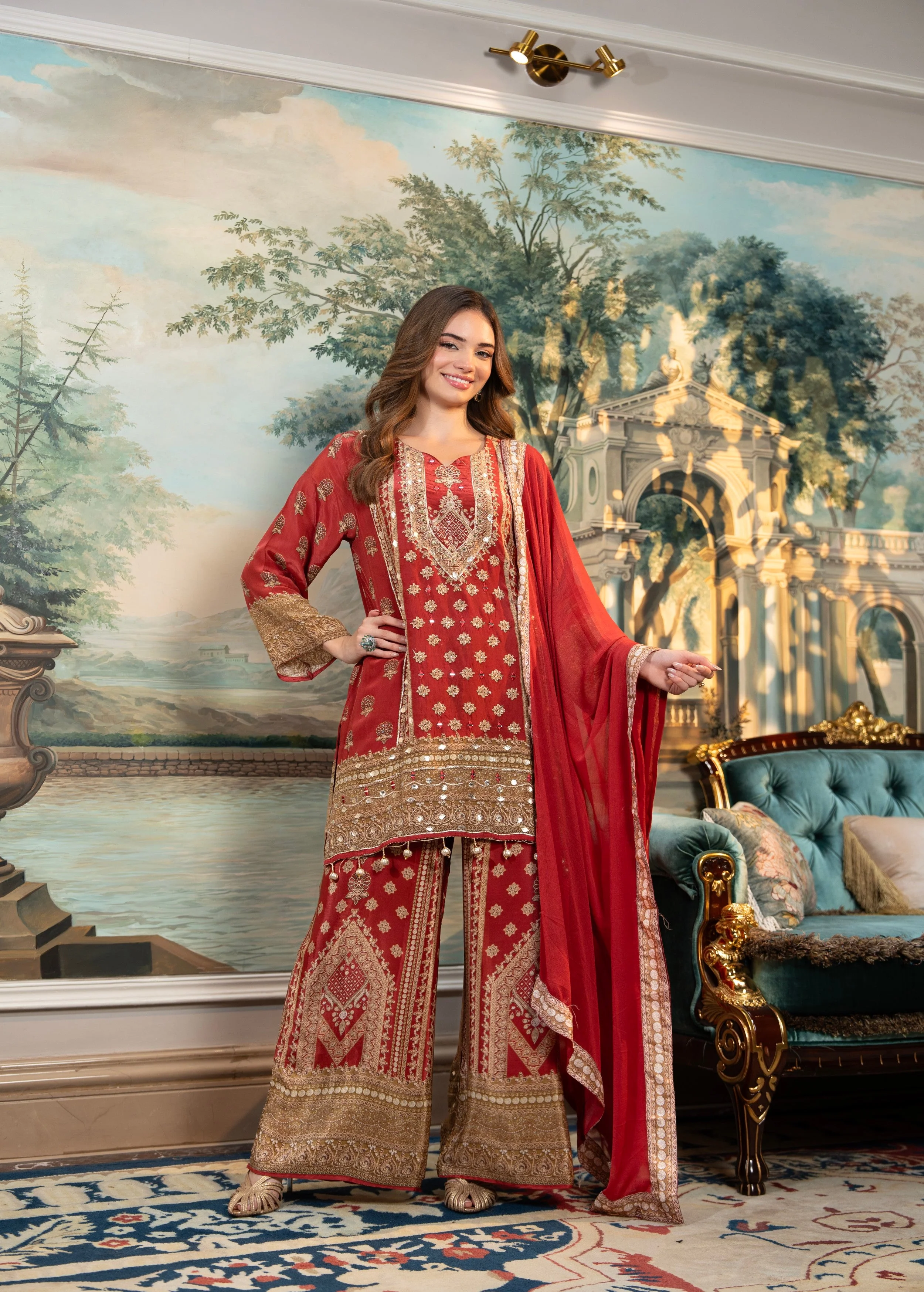 Terracotta Embellished Crepe Silk Palazzo Set - Image 3