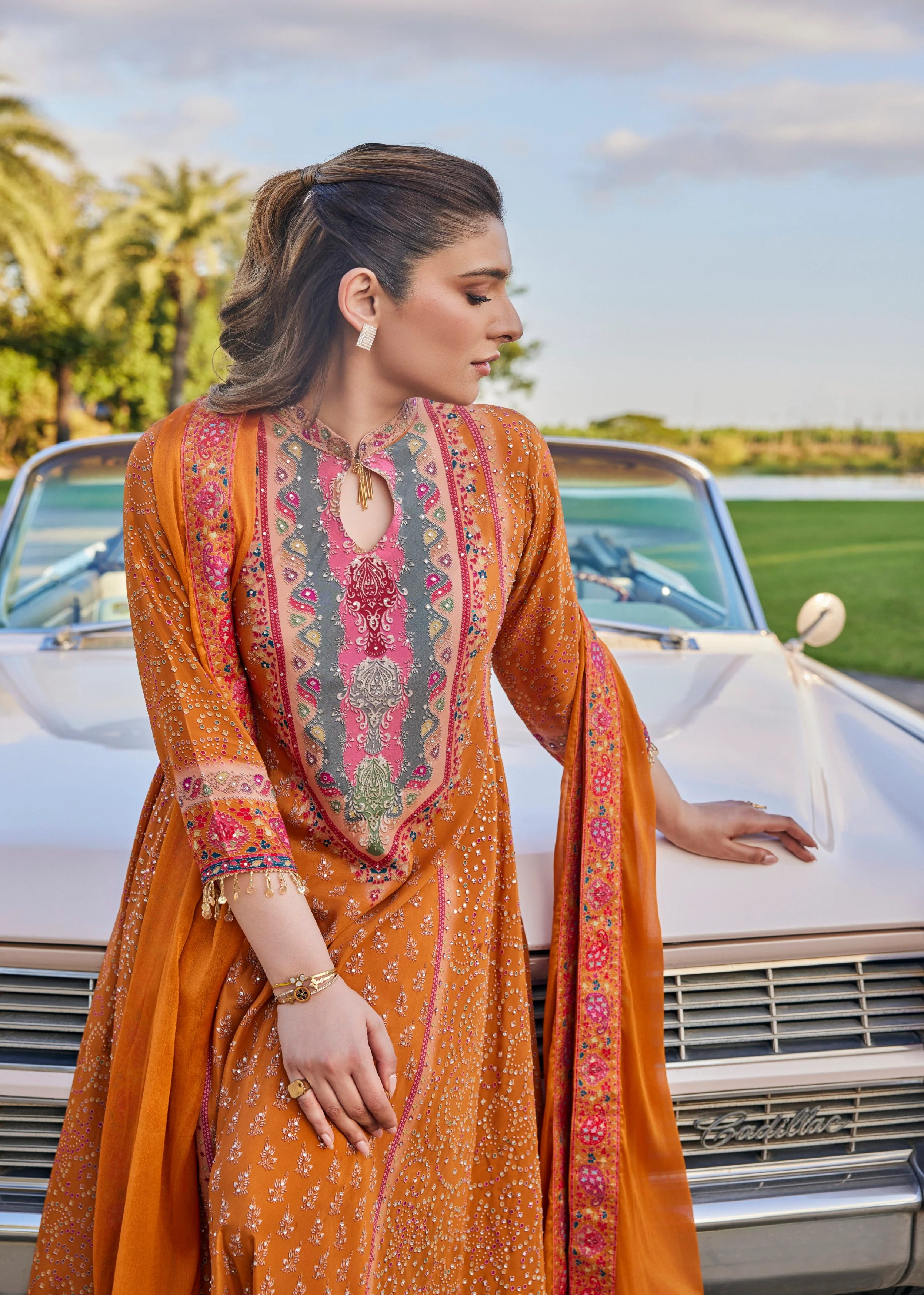 Rust Orange Embellished Muslin Silk Anarkali Set - Image 2