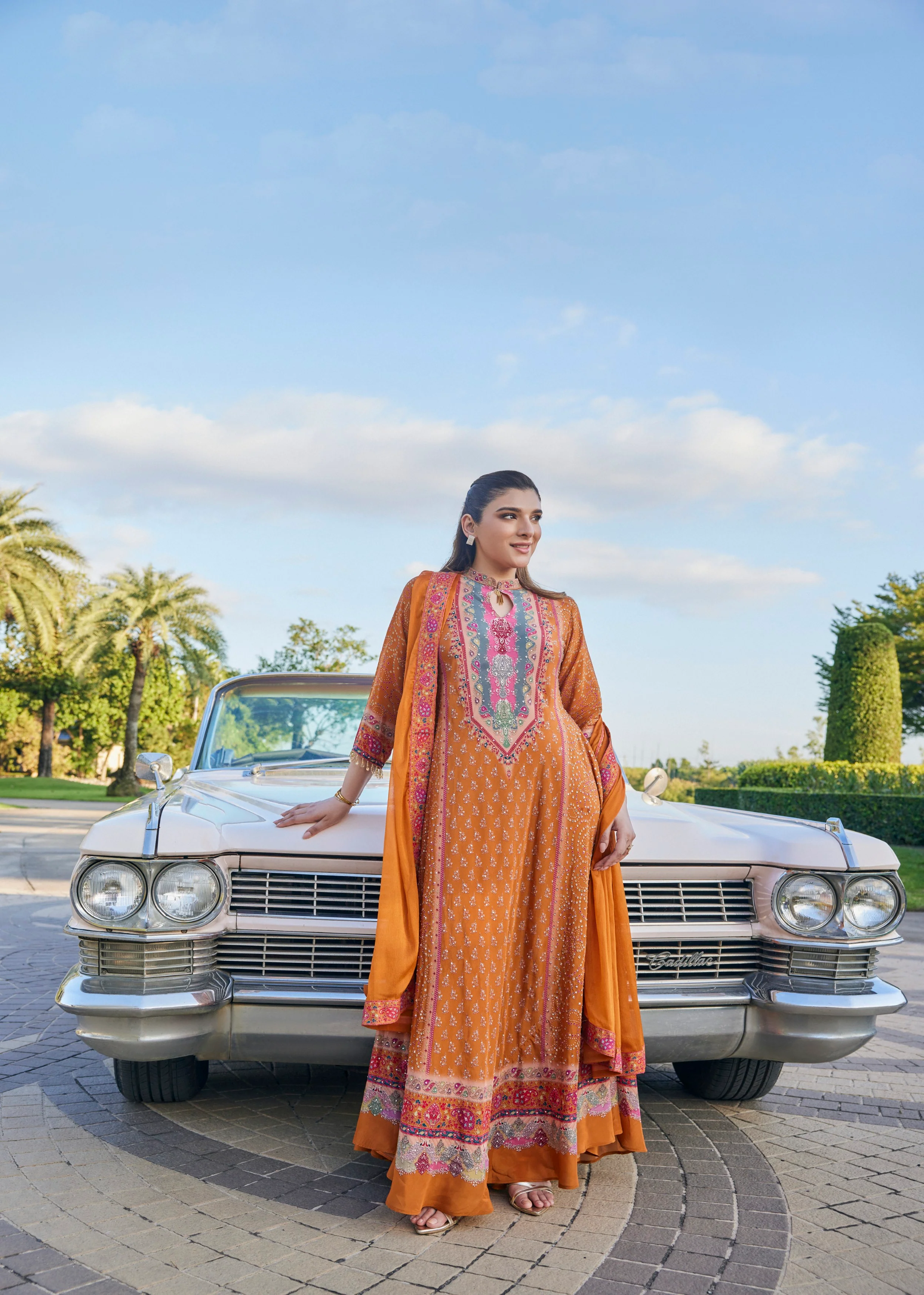 Rust Orange Embellished Muslin Silk Anarkali Set - Image 3