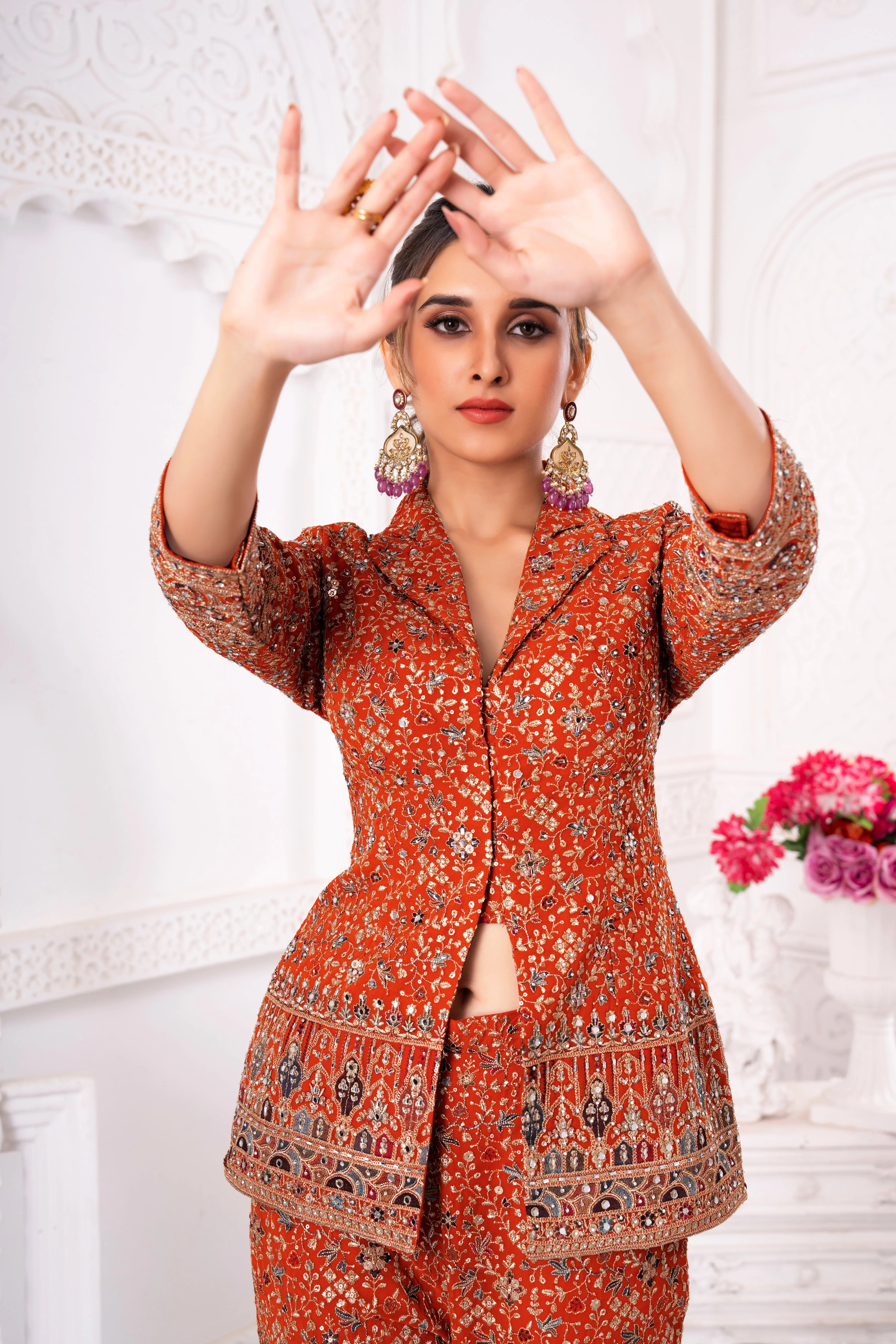 Rust Orange Handwork Tunic & Pant Set - Image 2