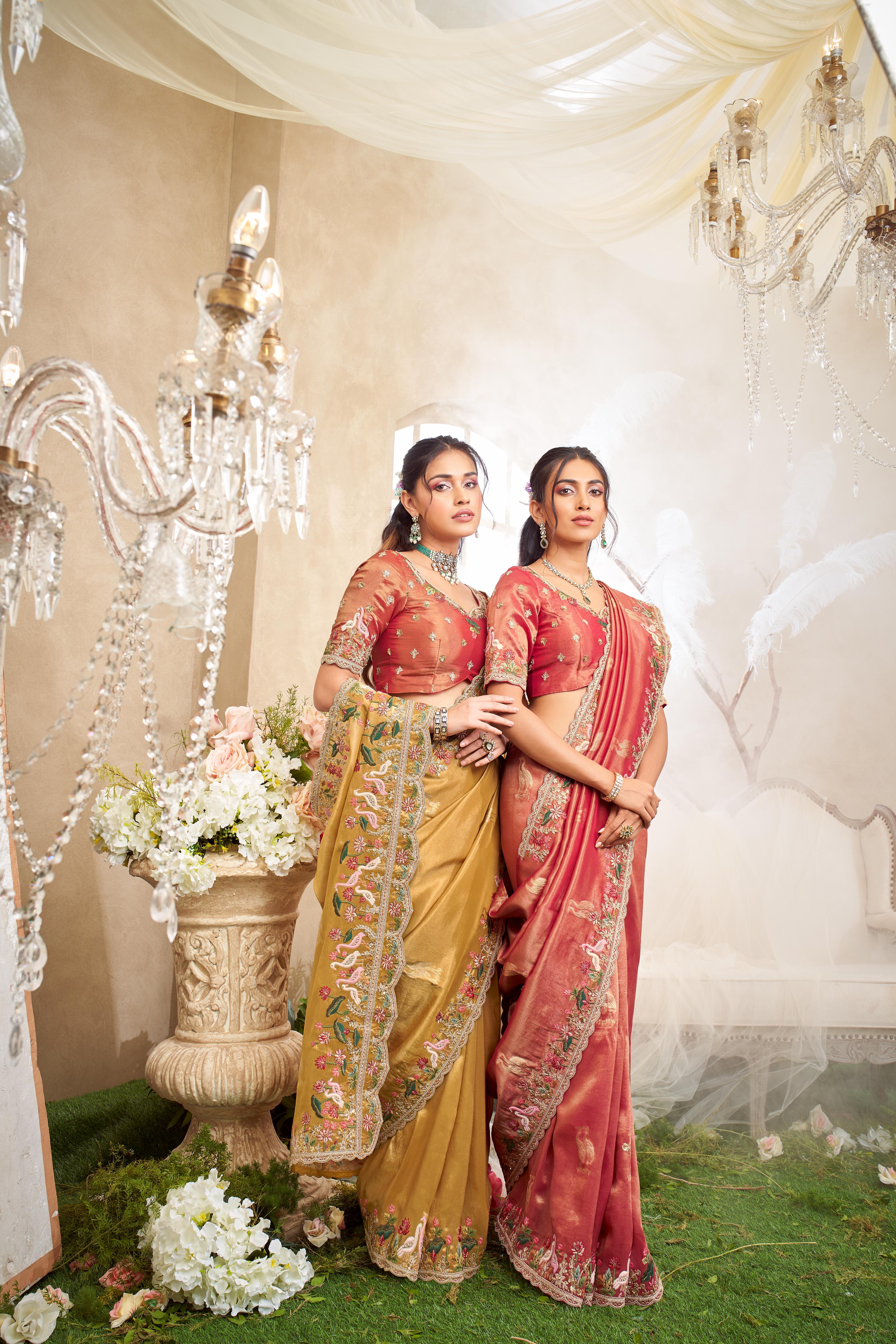 Golden Yellow Embellished Shimmer Tissue Silk Saree - Image 2