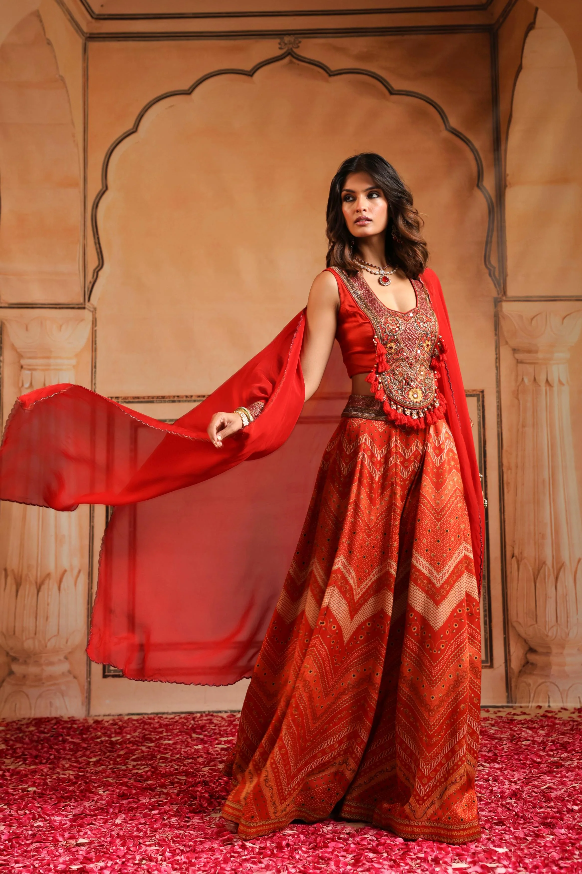 Rust Red Embellished Raw Silk Sharara Set - Image 3