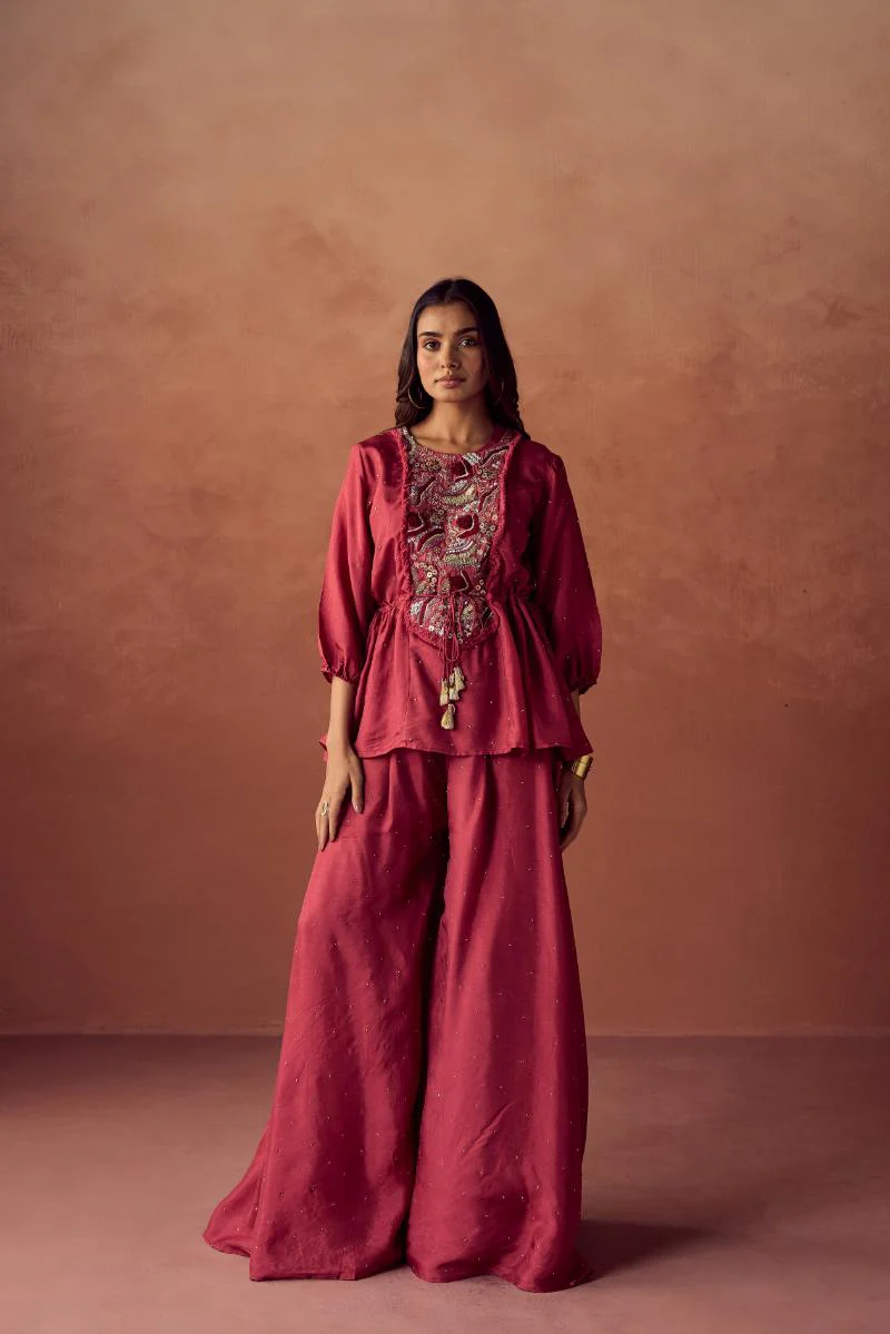 Rust Red Embroidered Premium Silk Palazzo Set