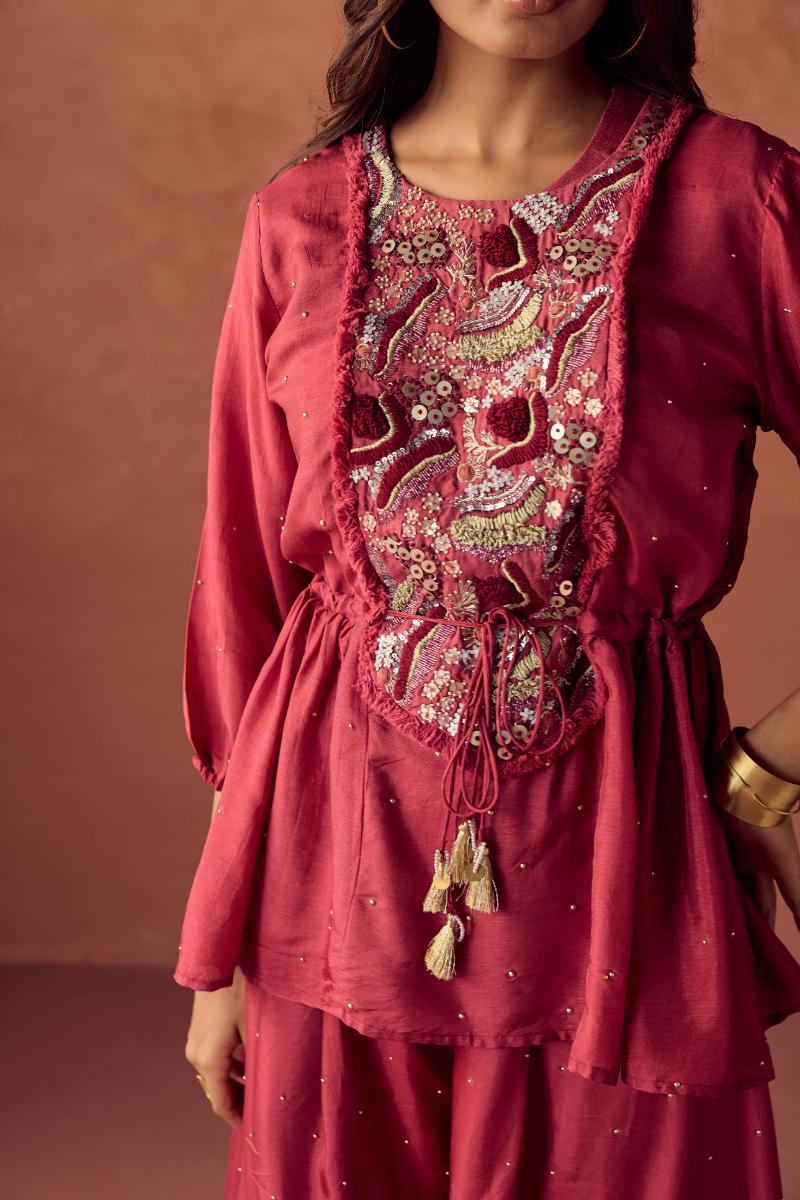 Rust Red Embroidered Premium Silk Palazzo Set - Image 2