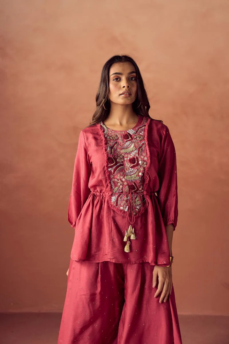 Rust Red Embroidered Premium Silk Palazzo Set - Image 3