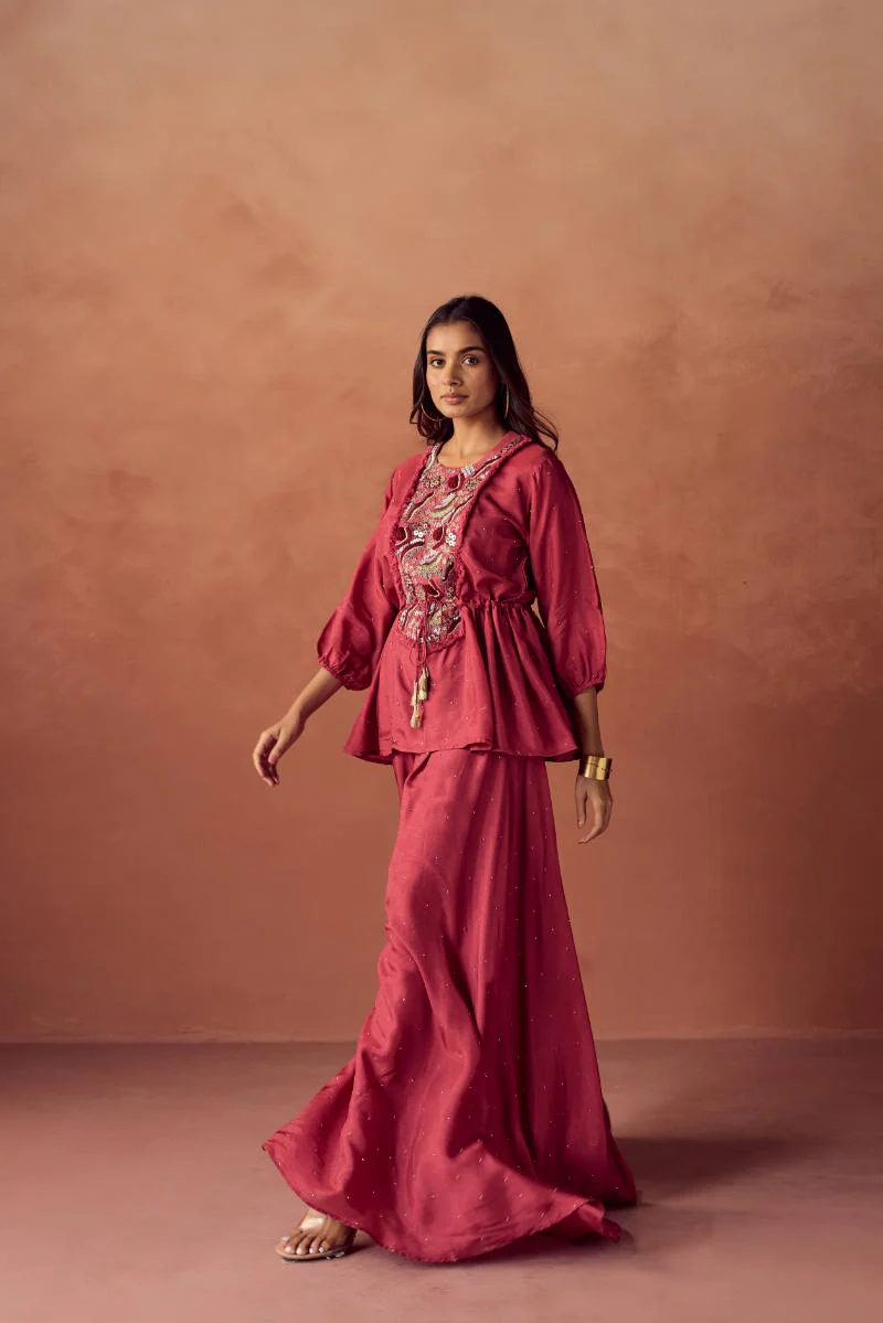 Rust Red Embroidered Premium Silk Palazzo Set - Image 4
