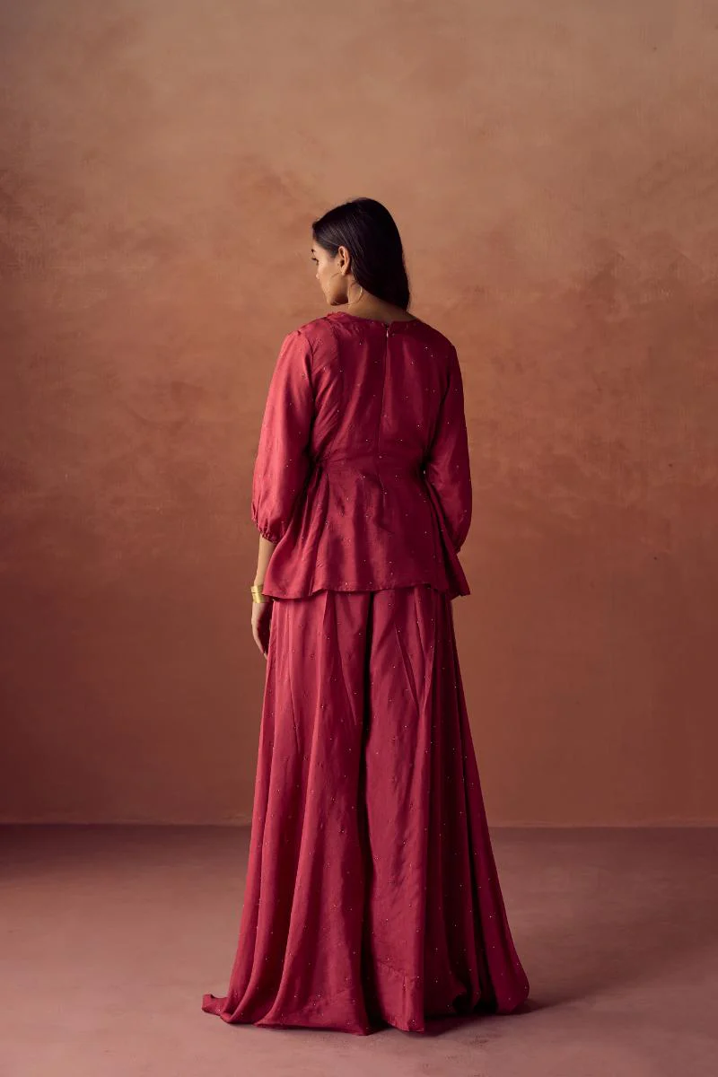 Rust Red Embroidered Premium Silk Palazzo Set - Image 5