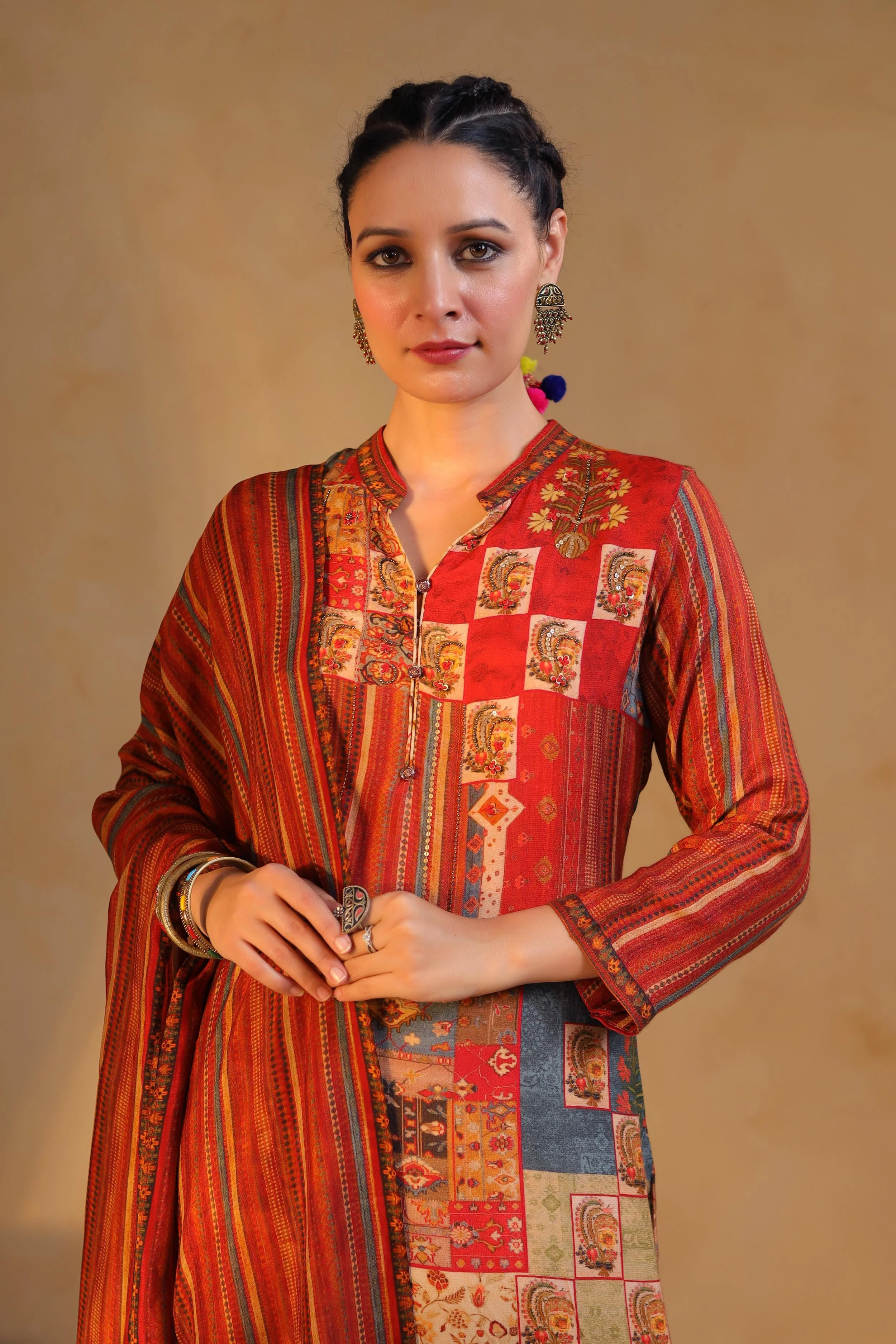 Rust Red Printed Dola Silk Pant Set - Image 2