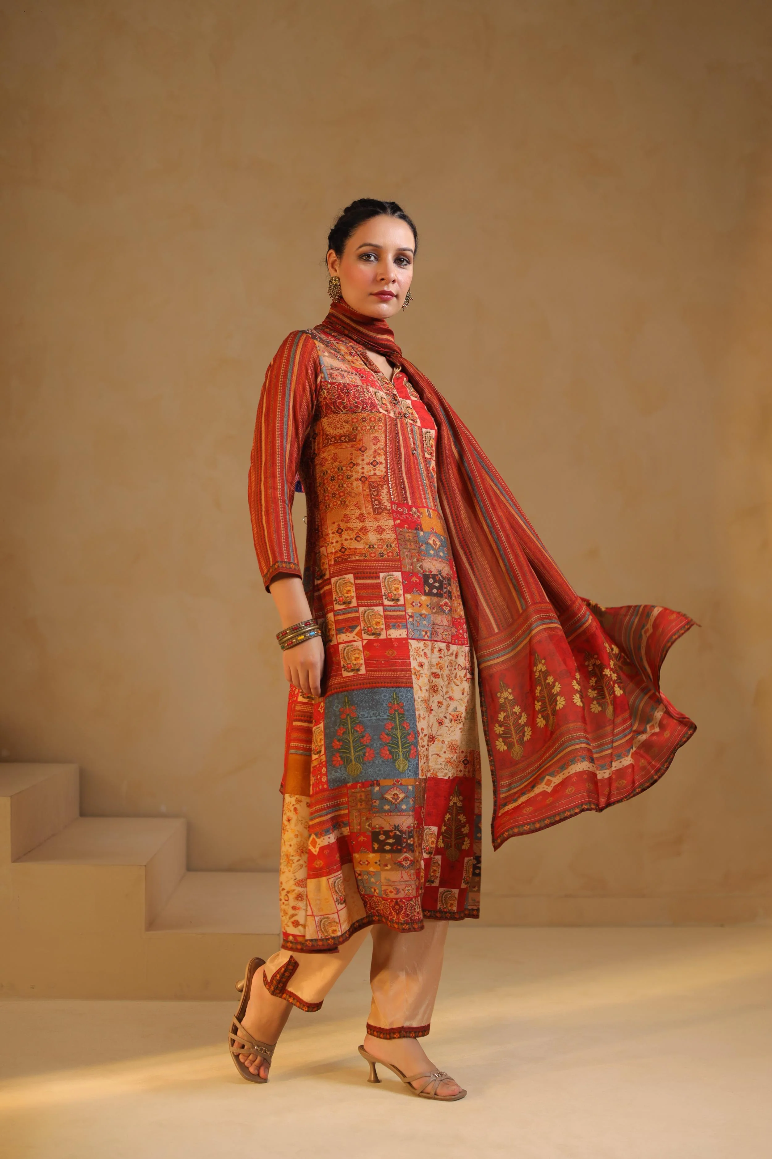 Rust Red Printed Dola Silk Pant Set - Image 3