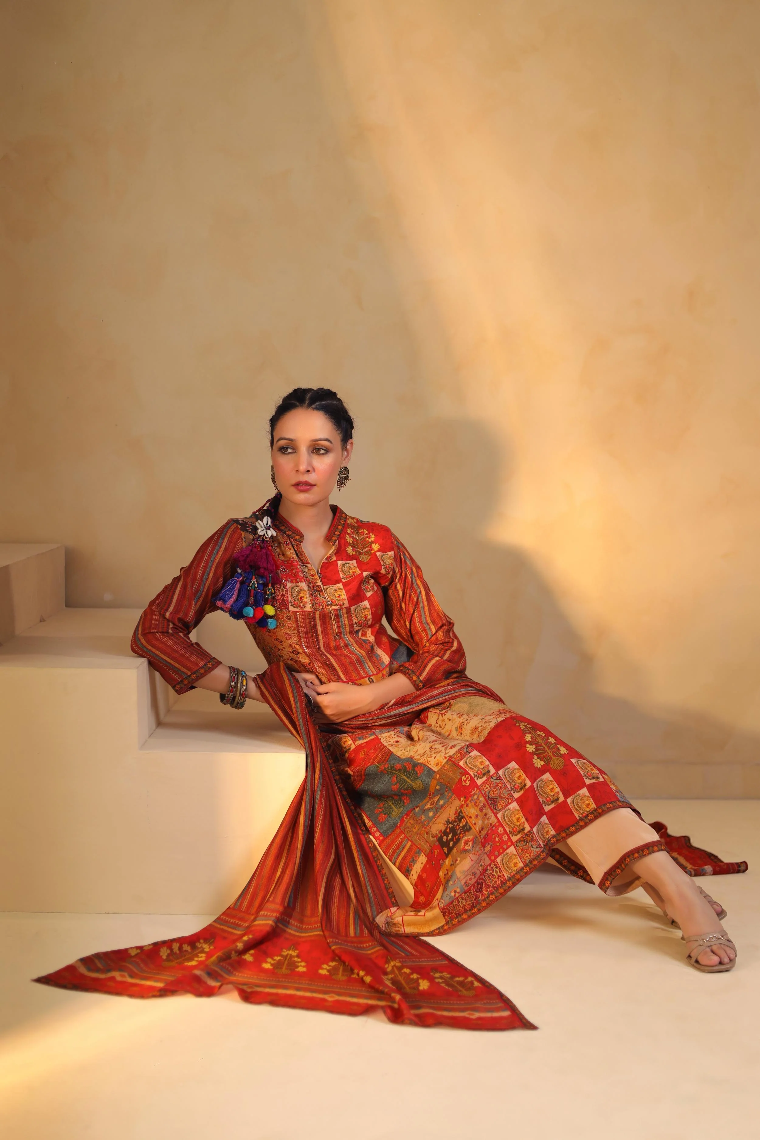 Rust Red Printed Dola Silk Pant Set - Image 4