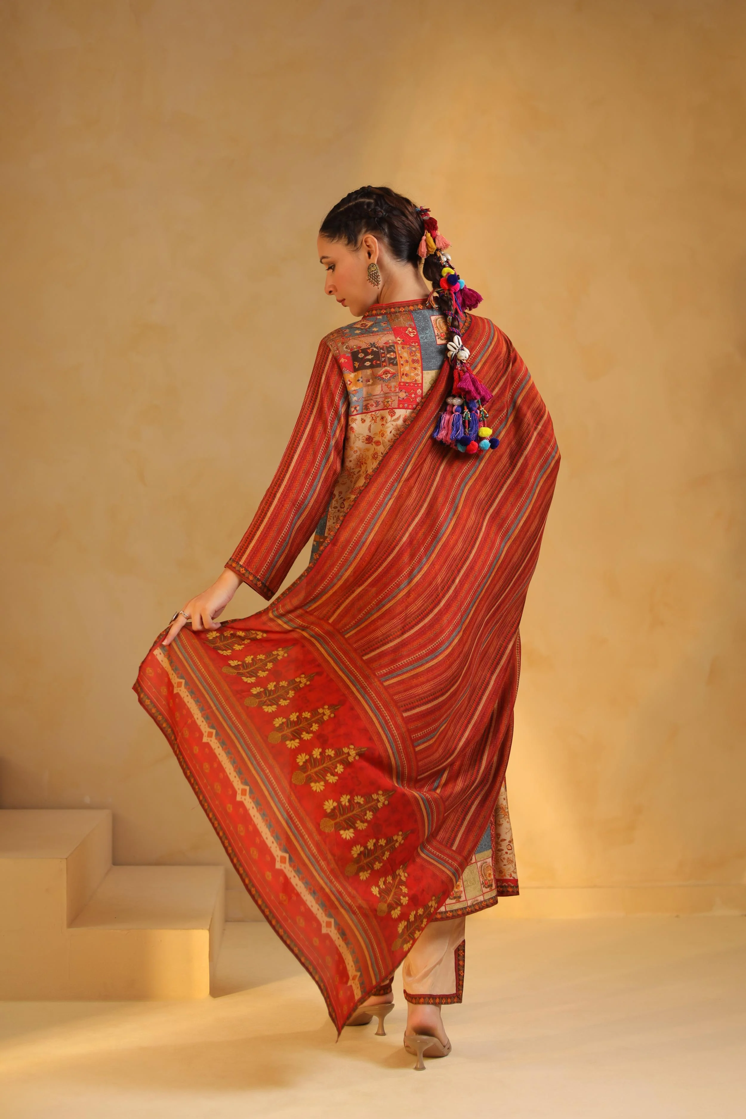 Rust Red Printed Dola Silk Pant Set - Image 5