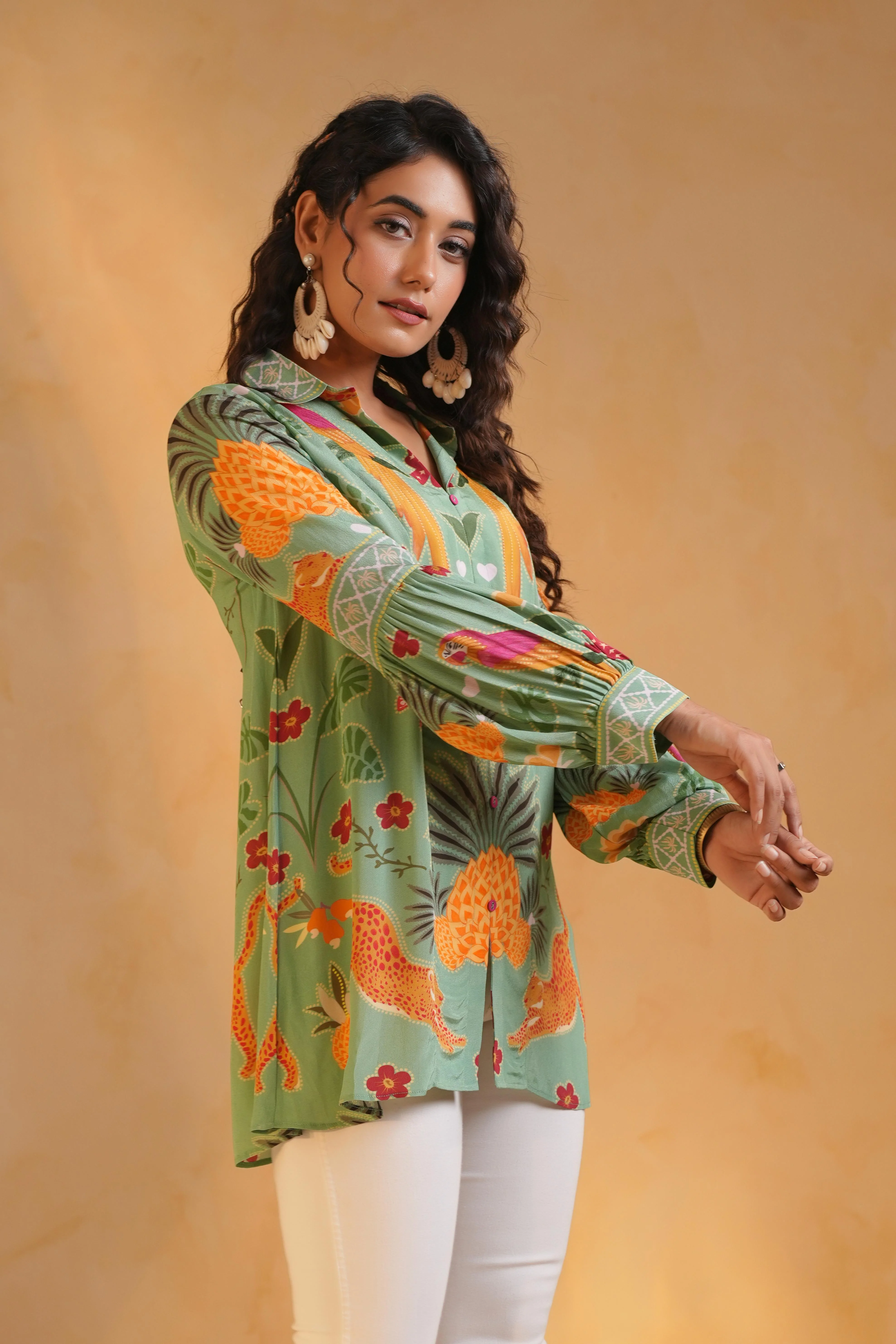 Sage Green Printed Crepe Silk Top - Image 2