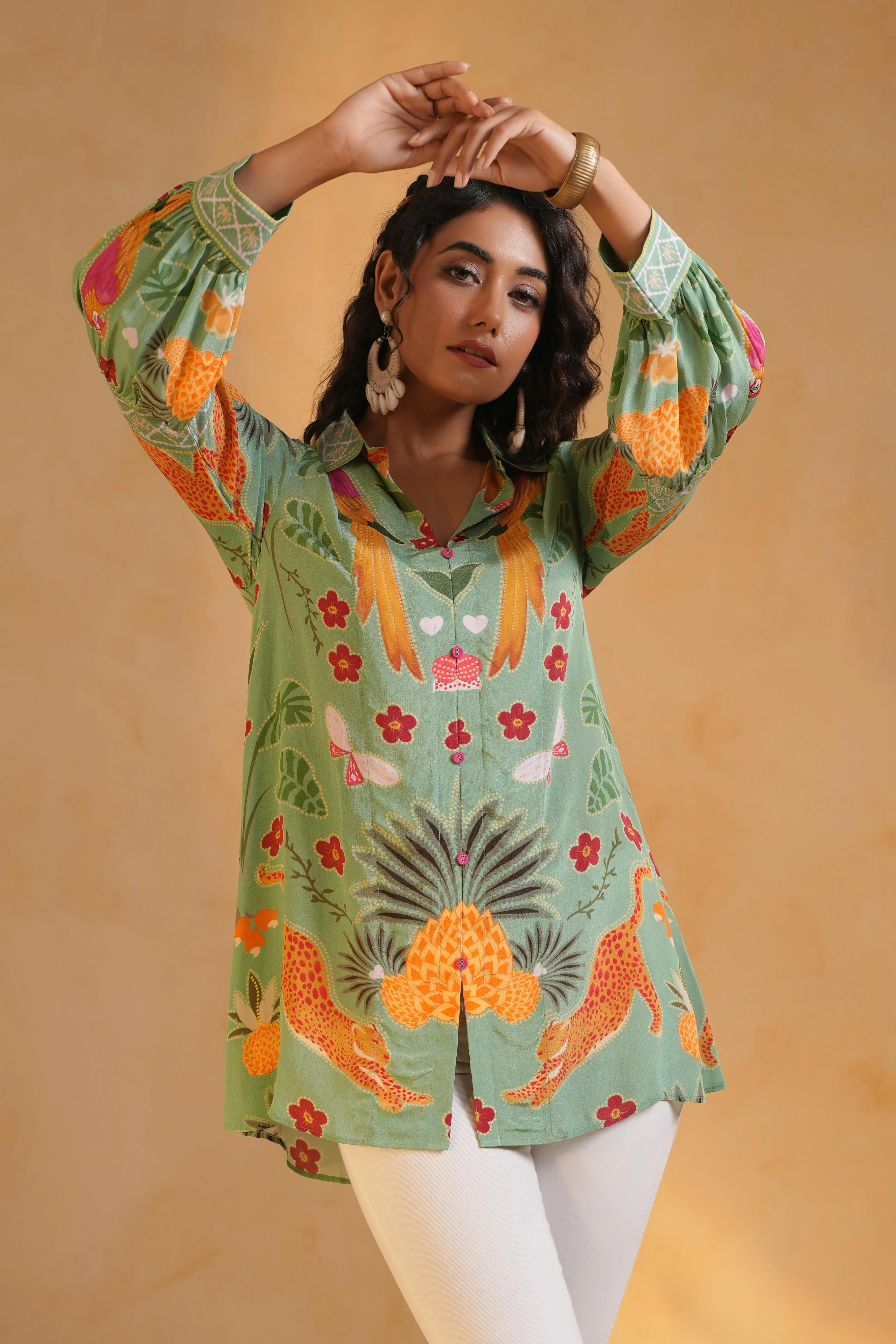 Sage Green Printed Crepe Silk Top - Image 3