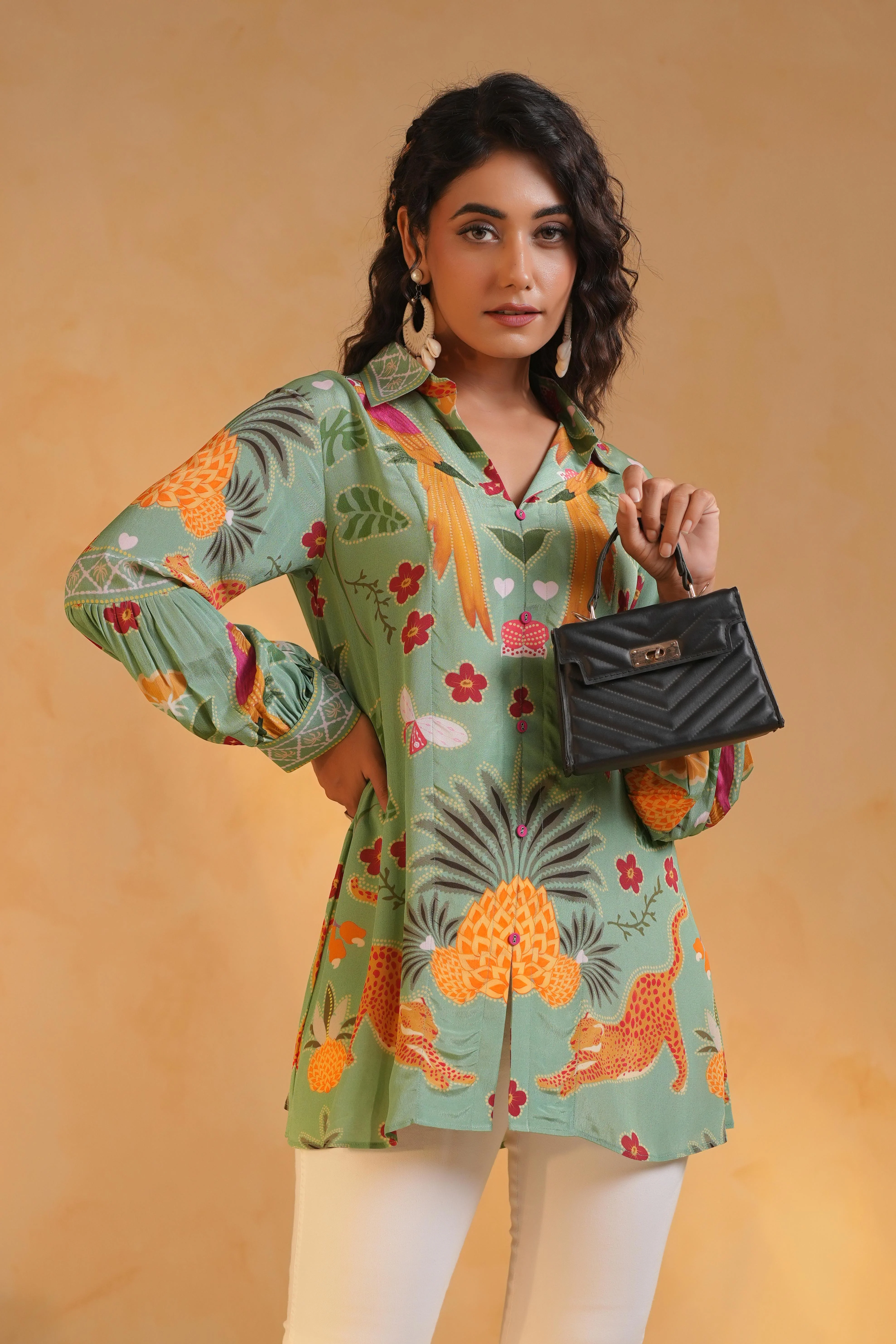 Sage Green Printed Crepe Silk Top - Image 4