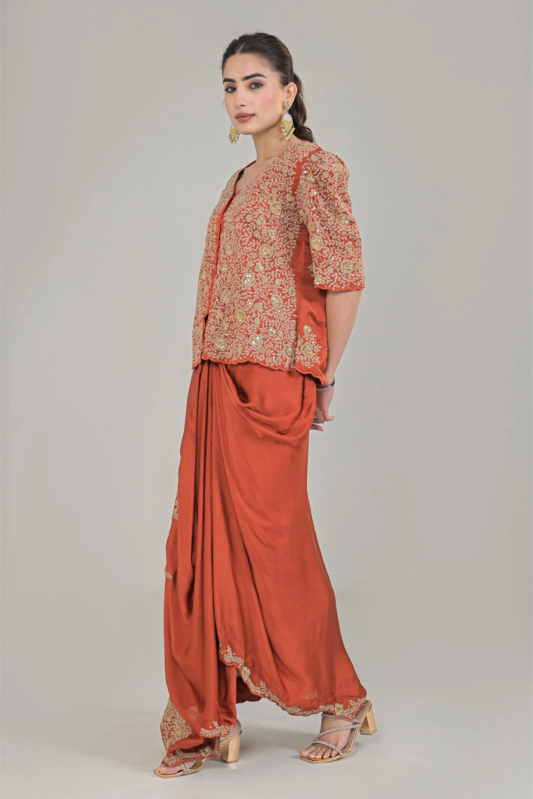 Rustic Orange Embroidered Satin Silk Skirt Set - Image 3