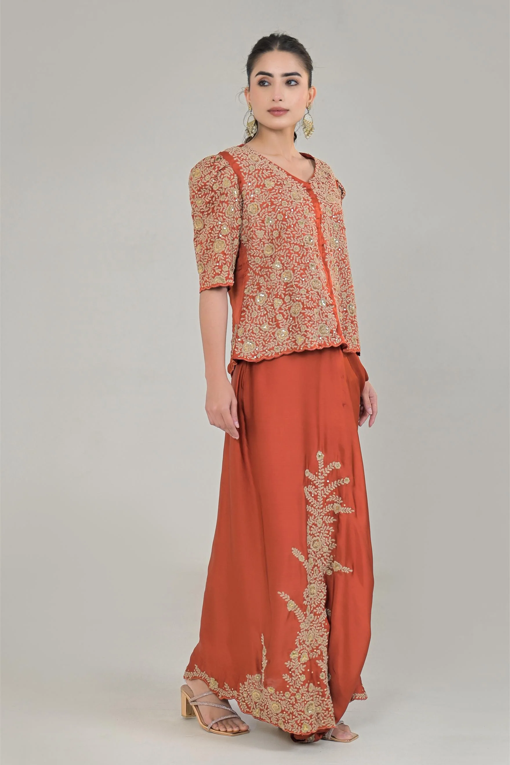 Rustic Orange Embroidered Satin Silk Skirt Set - Image 4