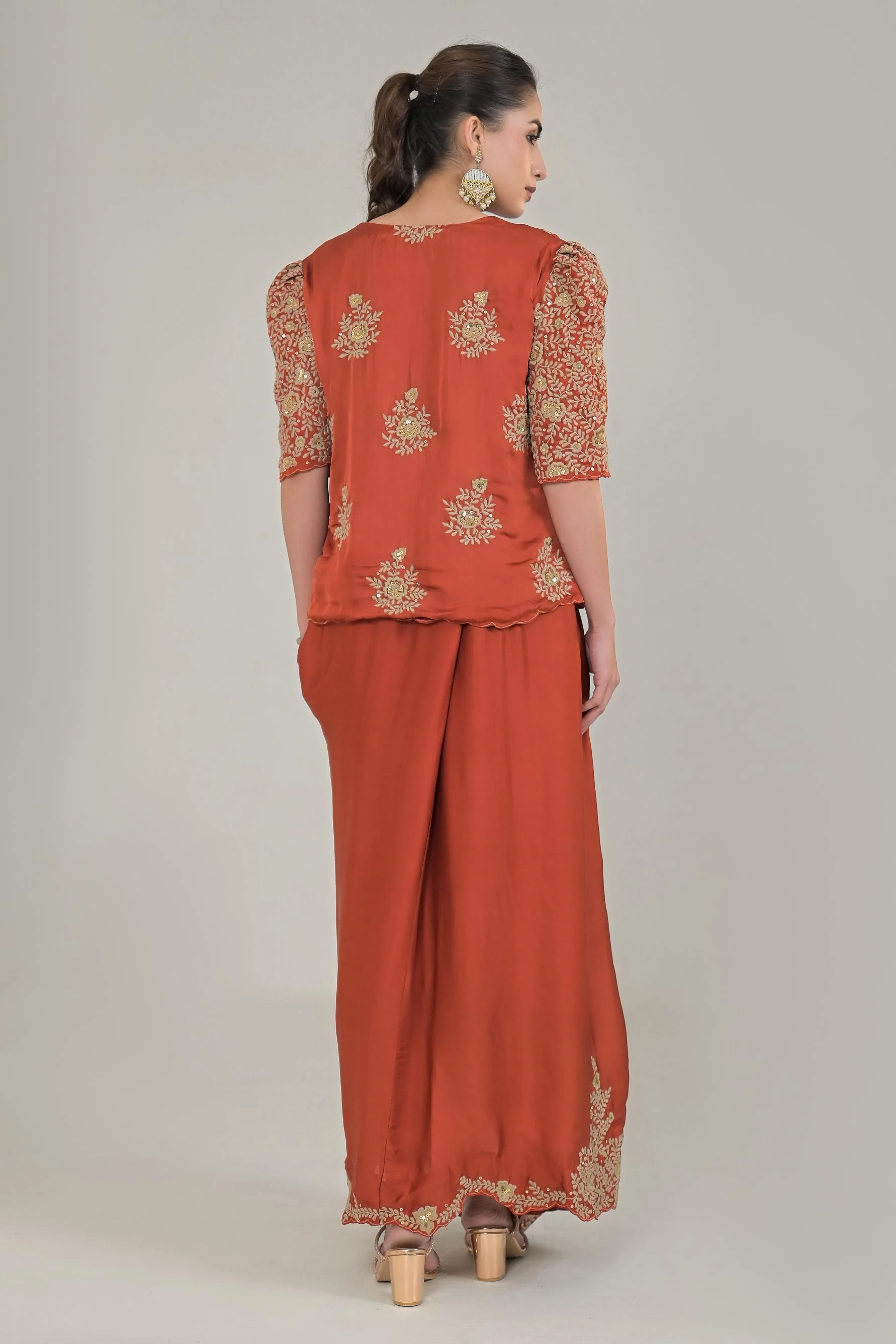 Rustic Orange Embroidered Satin Silk Skirt Set - Image 5