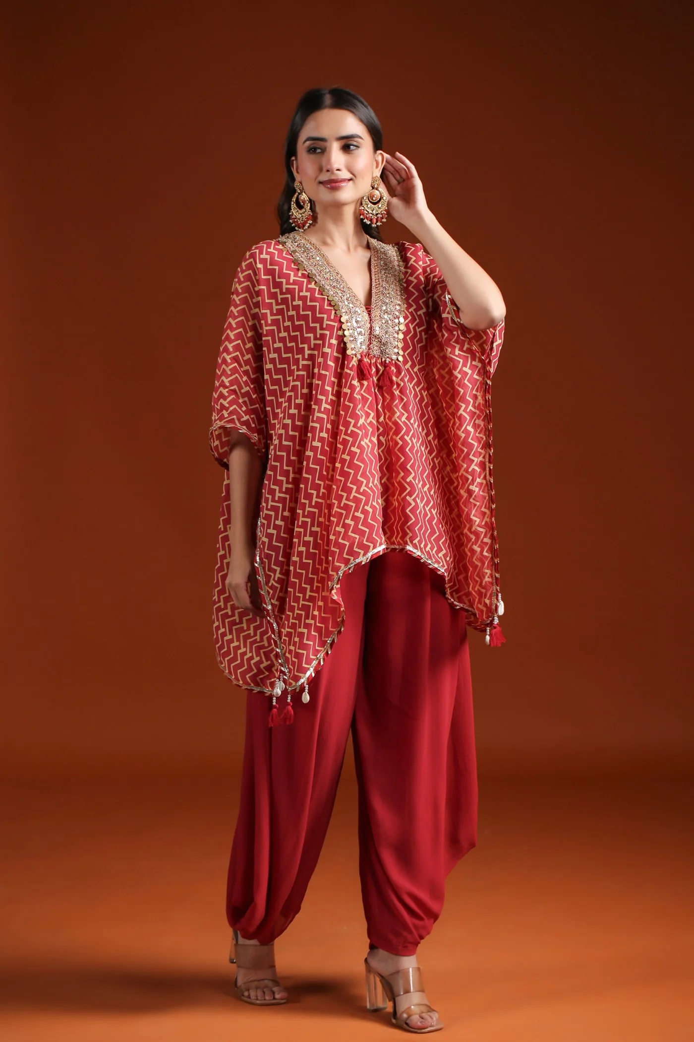 Rustic Red Chevron Organza Silk Kaftan with Palazzo - Image 3