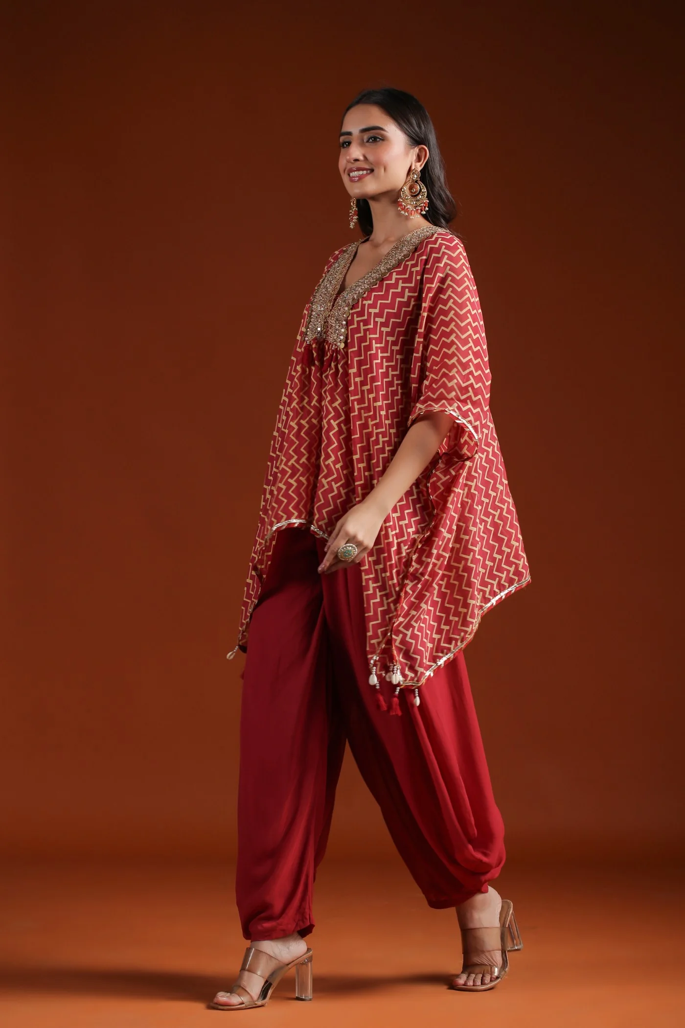 Rustic Red Chevron Organza Silk Kaftan with Palazzo - Image 4
