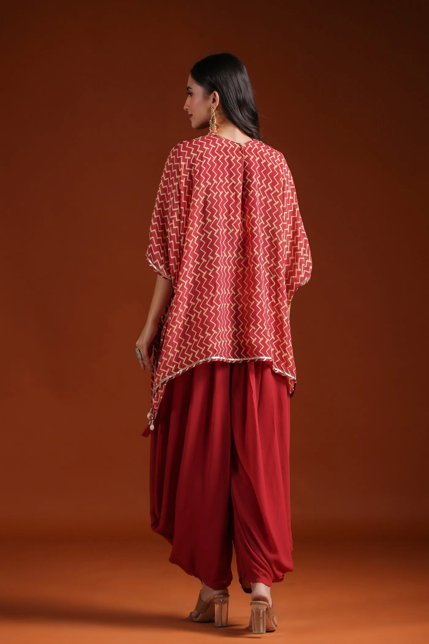 Rustic Red Chevron Organza Silk Kaftan with Palazzo - Image 5